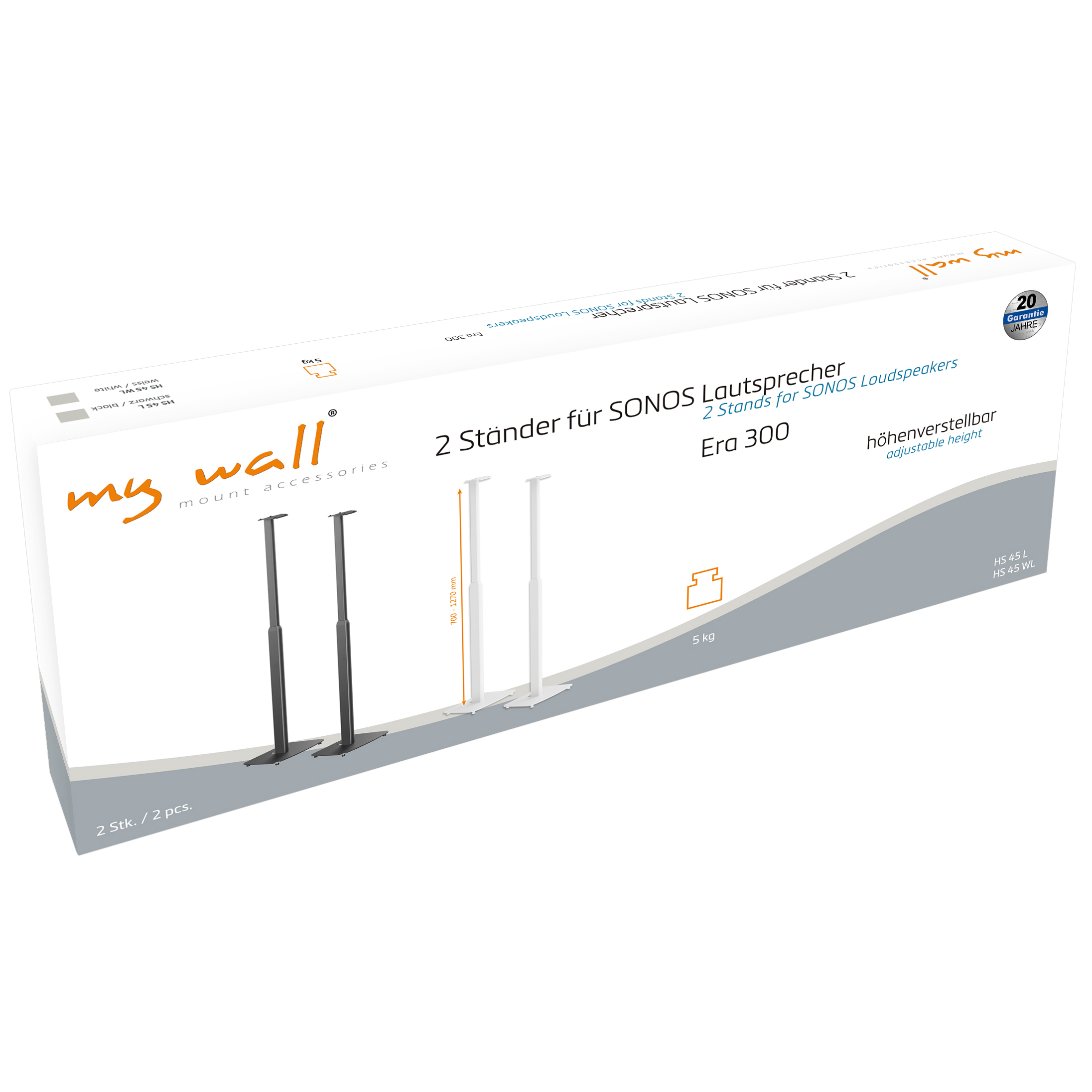 Produktverpackung von My Wall mit zwei verstellbaren Ständern für Sonos Era 300 Lautsprecher.