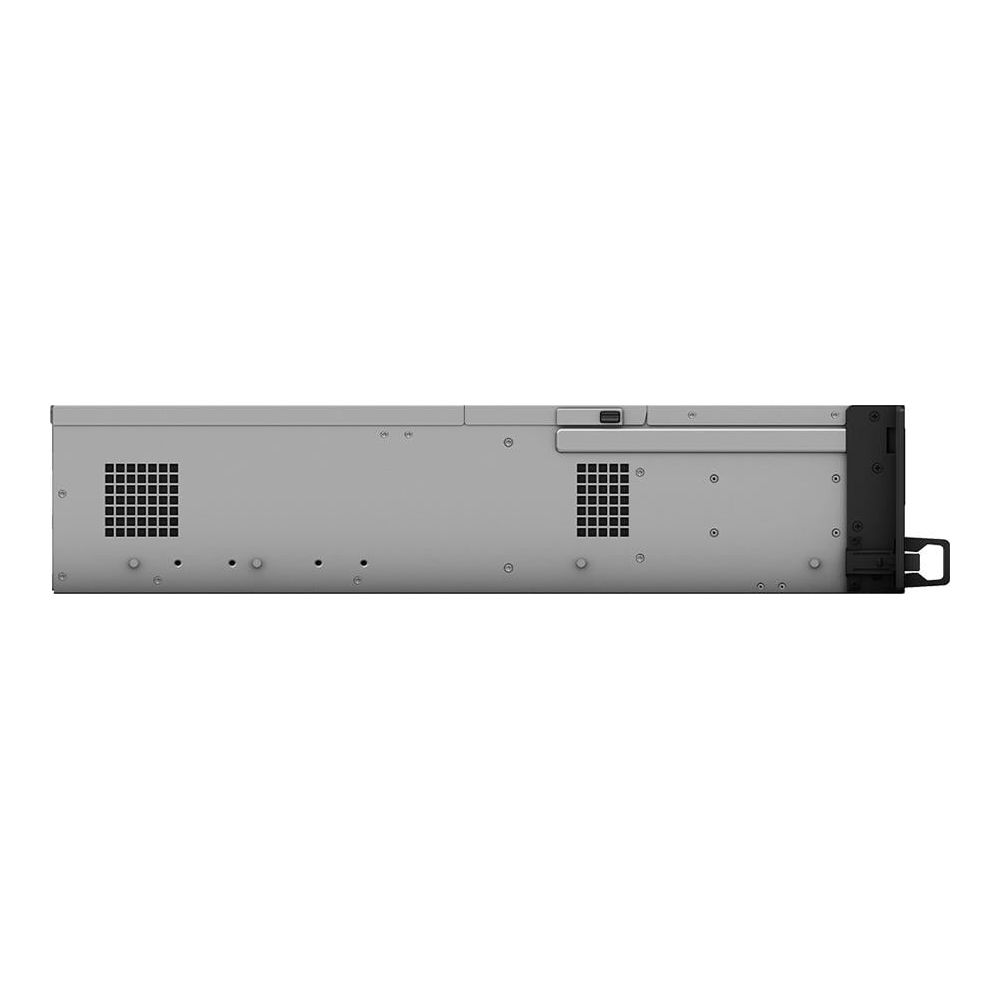 Ein grauer Rackmount-Server mit Lüftungsgittern, Schraubenköpfen und einem schwarzen Griff rechts vor weißem Hintergrund.