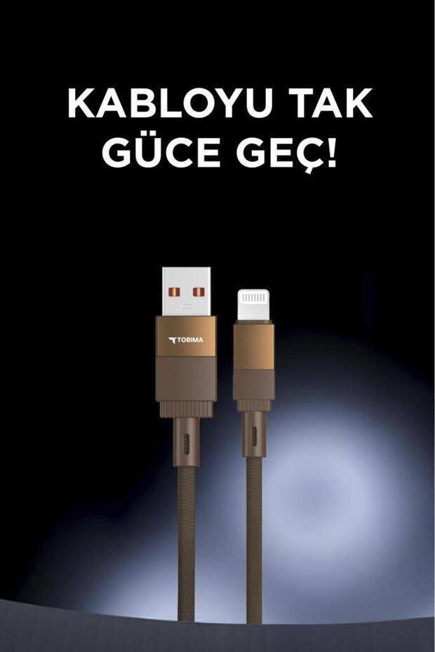 Siyah arka plan ve beyaz metinli kahverengi USB-A - Lightning şarj kablosu.