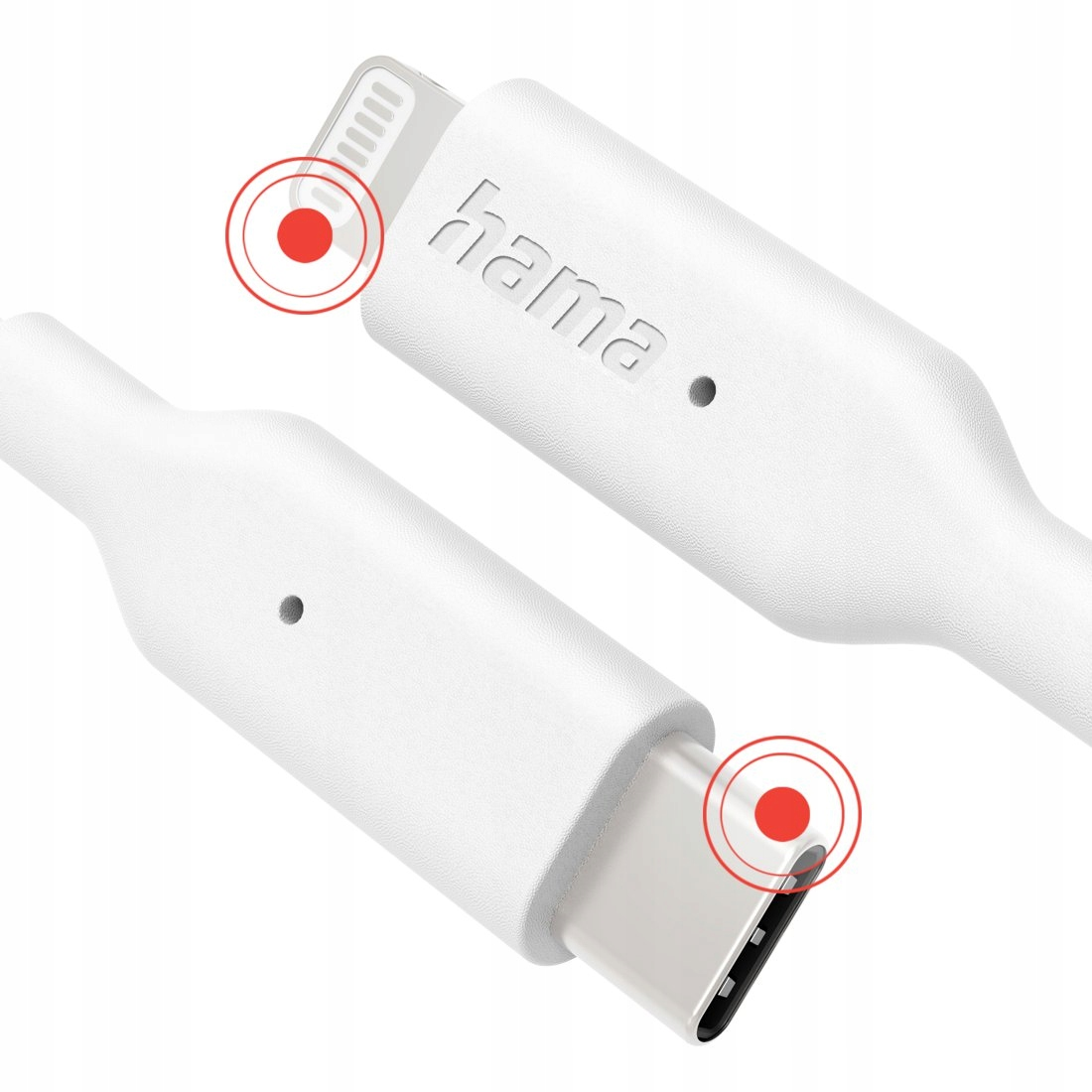 Weißes Hama-Ladekabel mit USB-C- und Lightning-Anschlüssen, markiert mit roten Kreisen auf einem weißen Hintergrund.