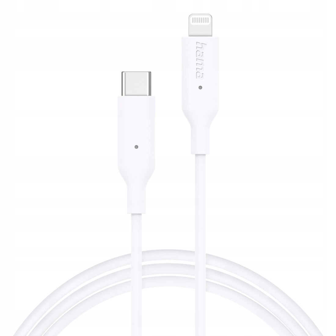 Weißes USB-C-auf-Lightning-Kabel mit Hama-Logo auf weißem Hintergrund.