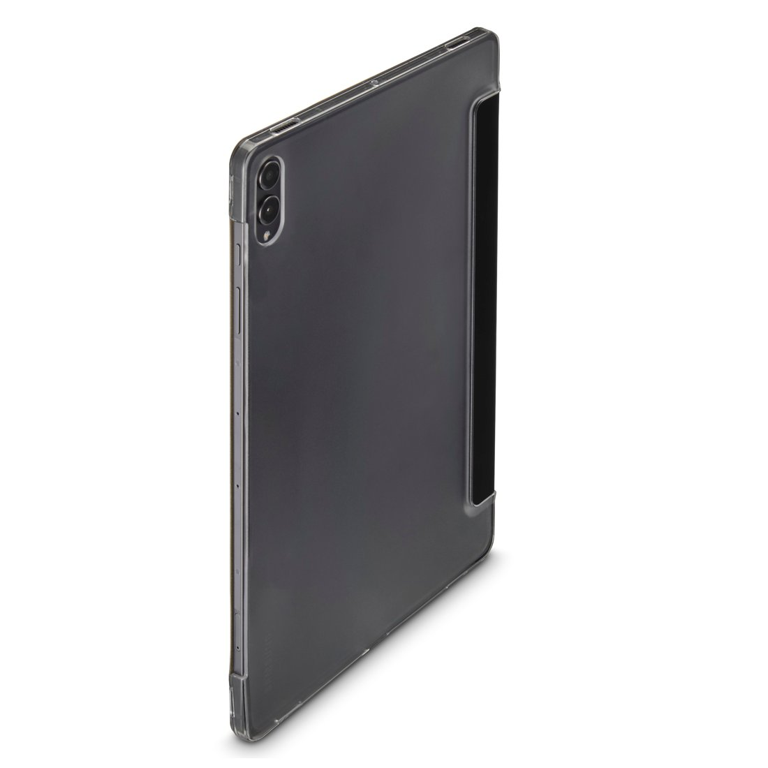 Widok z tyłu tabletu w eleganckim etui ochronnym na białym tle.