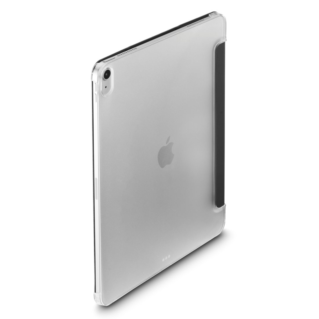 iPad w przezroczystym etui ochronnym z czarną krawędzią na białym tle.