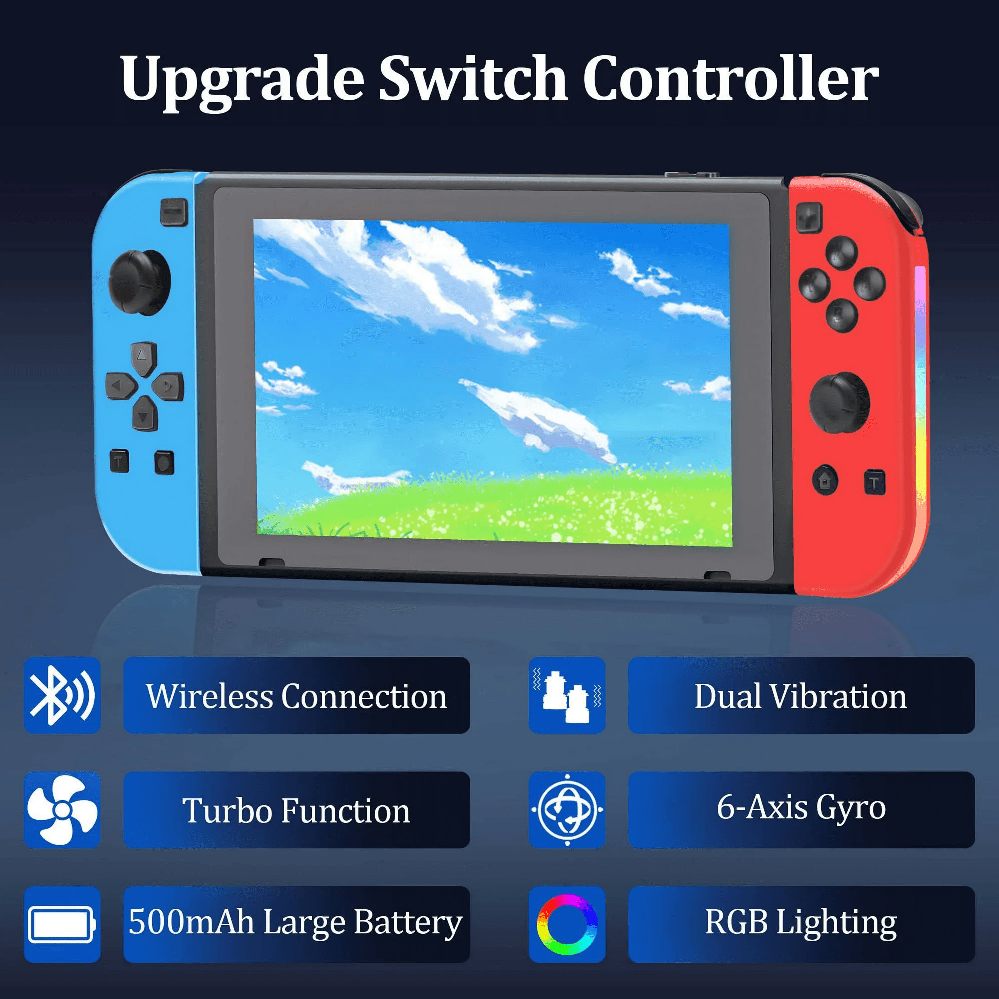 Upgrade Switch Controller mit blauen und roten Joy-Cons, kabelloser Verbindung, Dual-Vibration und RGB-Beleuchtung.
