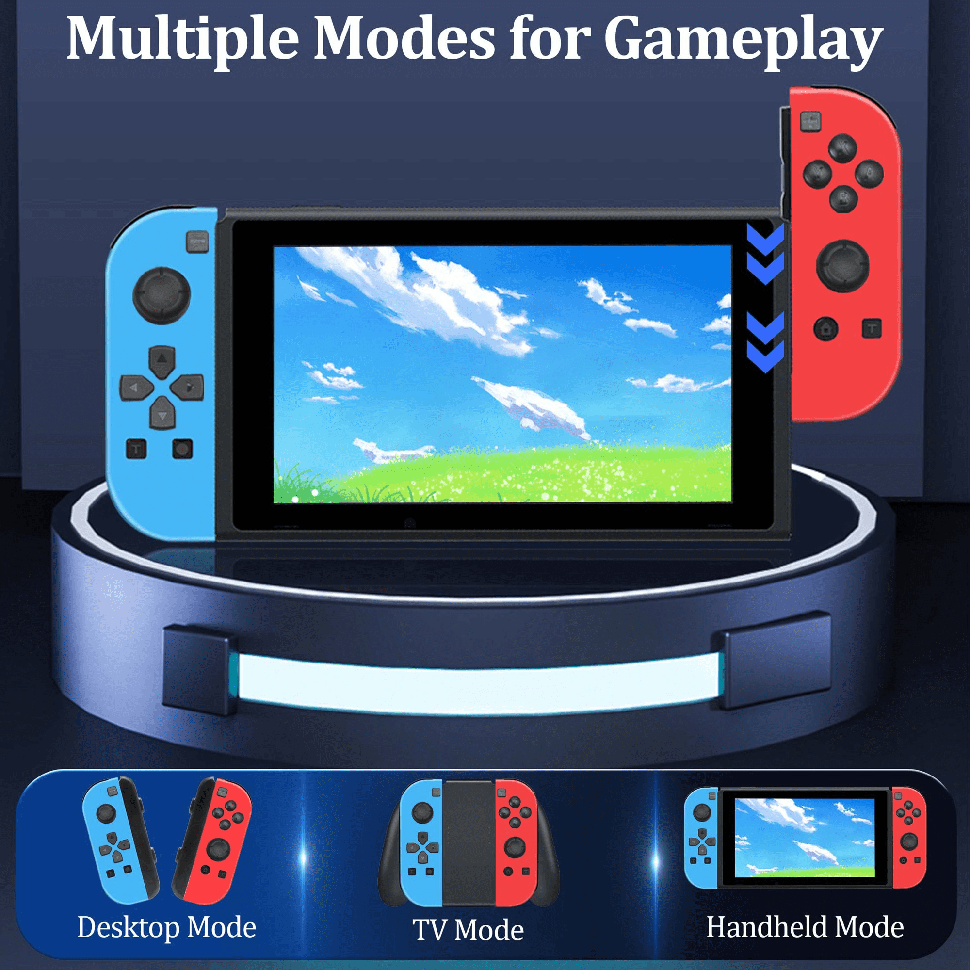 Eine Nintendo Switch Konsole mit blauen und roten Joy-Con Controllern zeigt Modi wie Desktop, TV und Handheld.