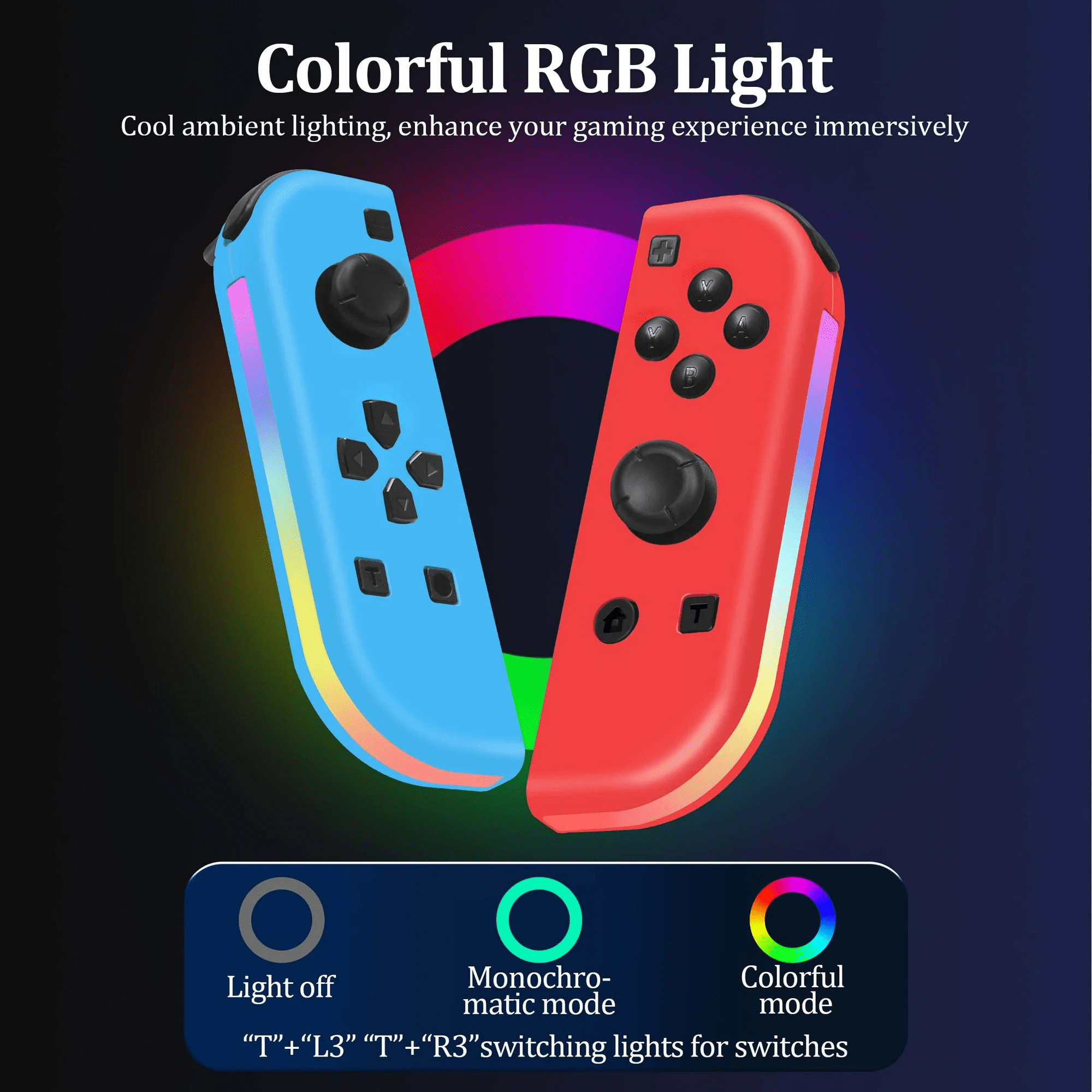 Blaue und rote RGB-Gaming-Controller mit buntem Ringlicht und Beleuchtungsmodi.