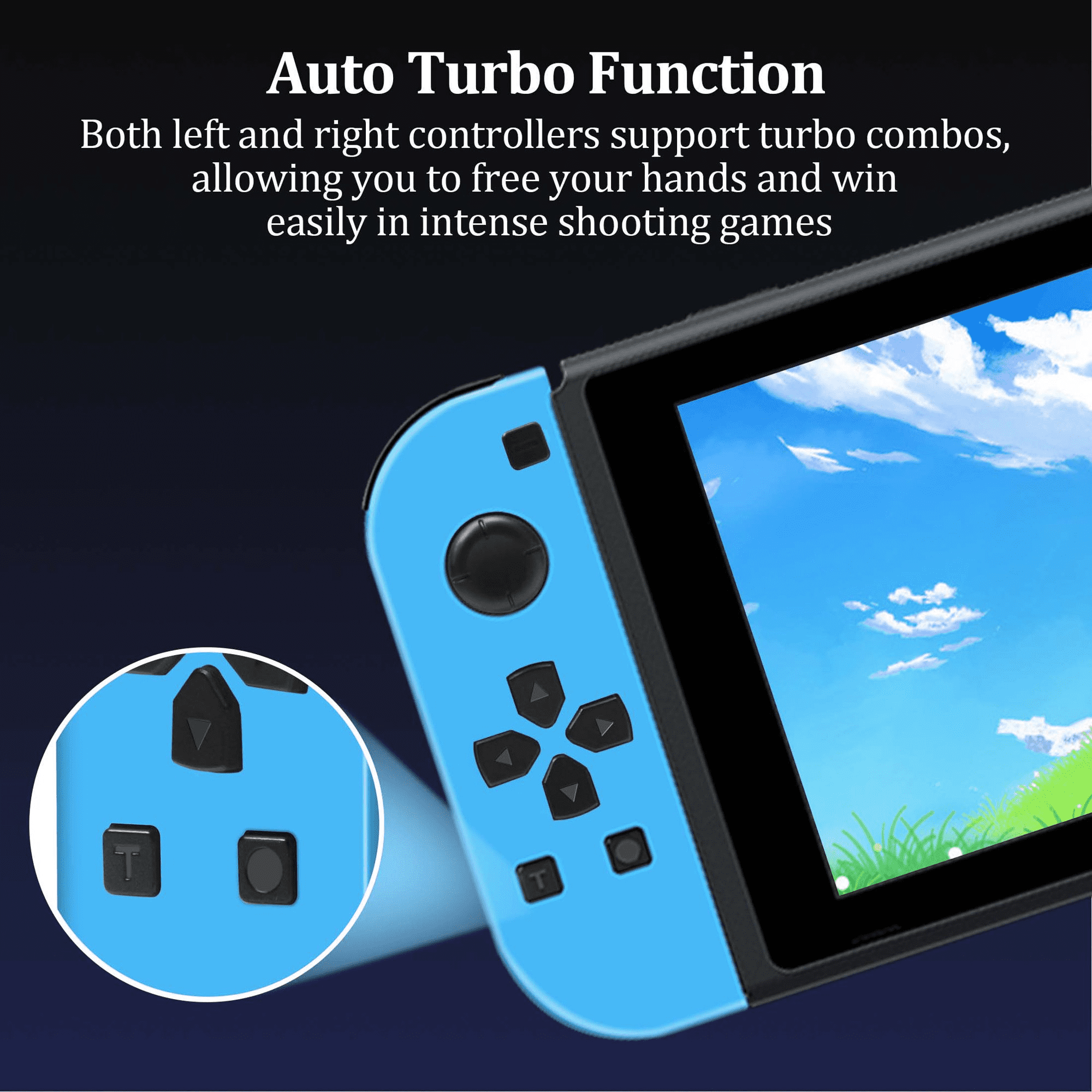 Blaue Spielekonsole mit Auto-Turbo-Funktion für Shooter-Spiele.