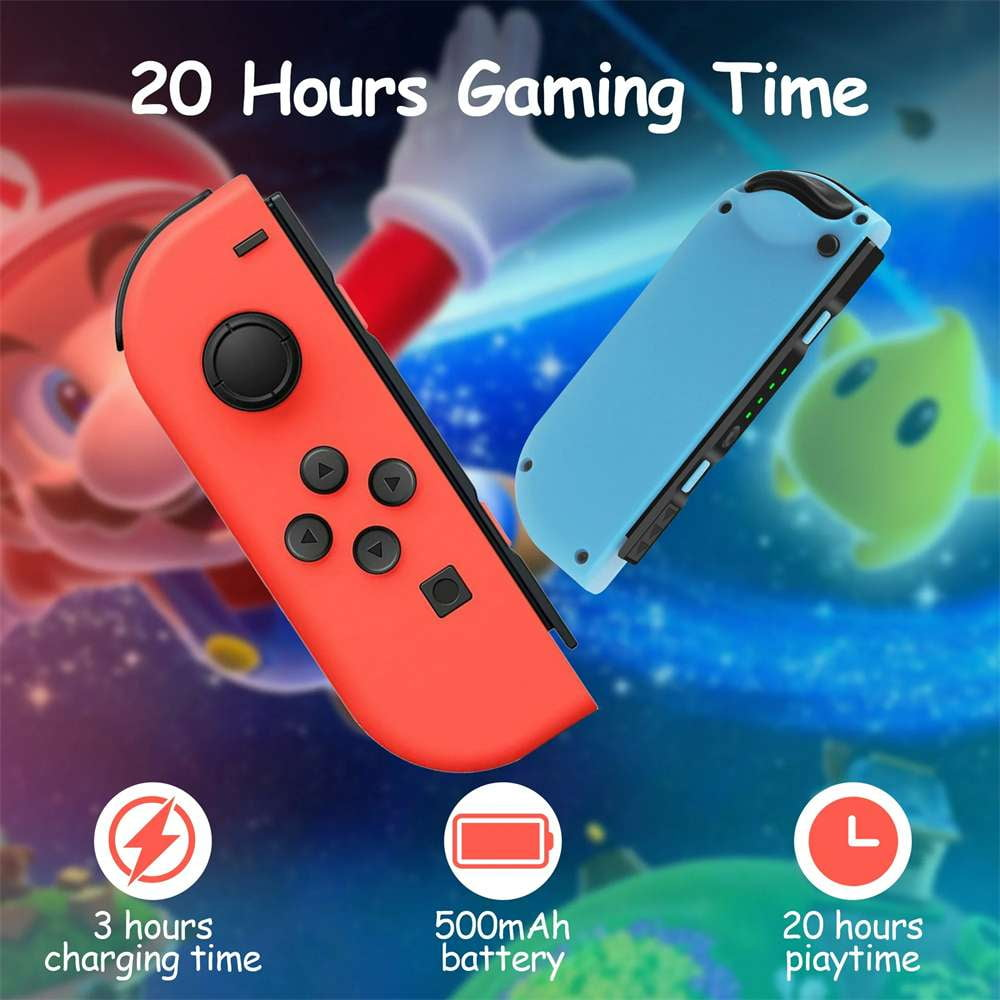 Rote und blaue Controller vor Mario-Hintergrund mit Text zur Akkulaufzeit.