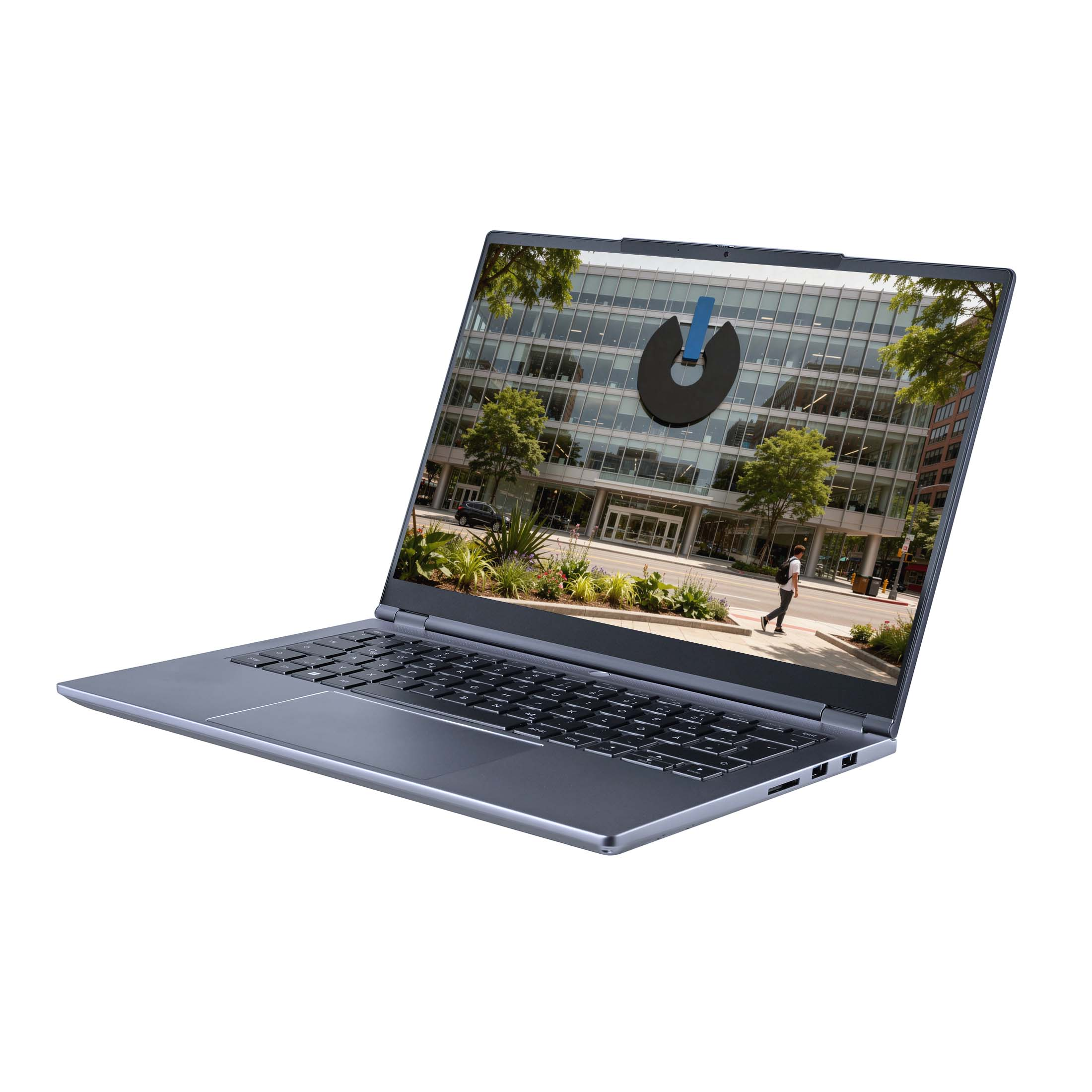 Ein bläulicher Laptop zeigt auf dem Bildschirm ein großes Gebäude mit einem kreisförmigen Logo und Bäumen.