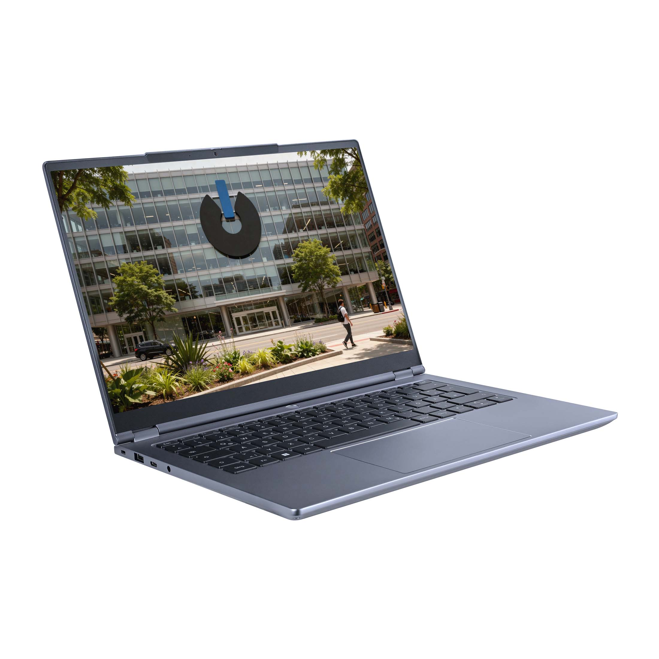Ein grauer Laptop auf weißem Hintergrund zeigt ein Bürogebäude mit Bäumen und einem blauen Logo auf dem Display.