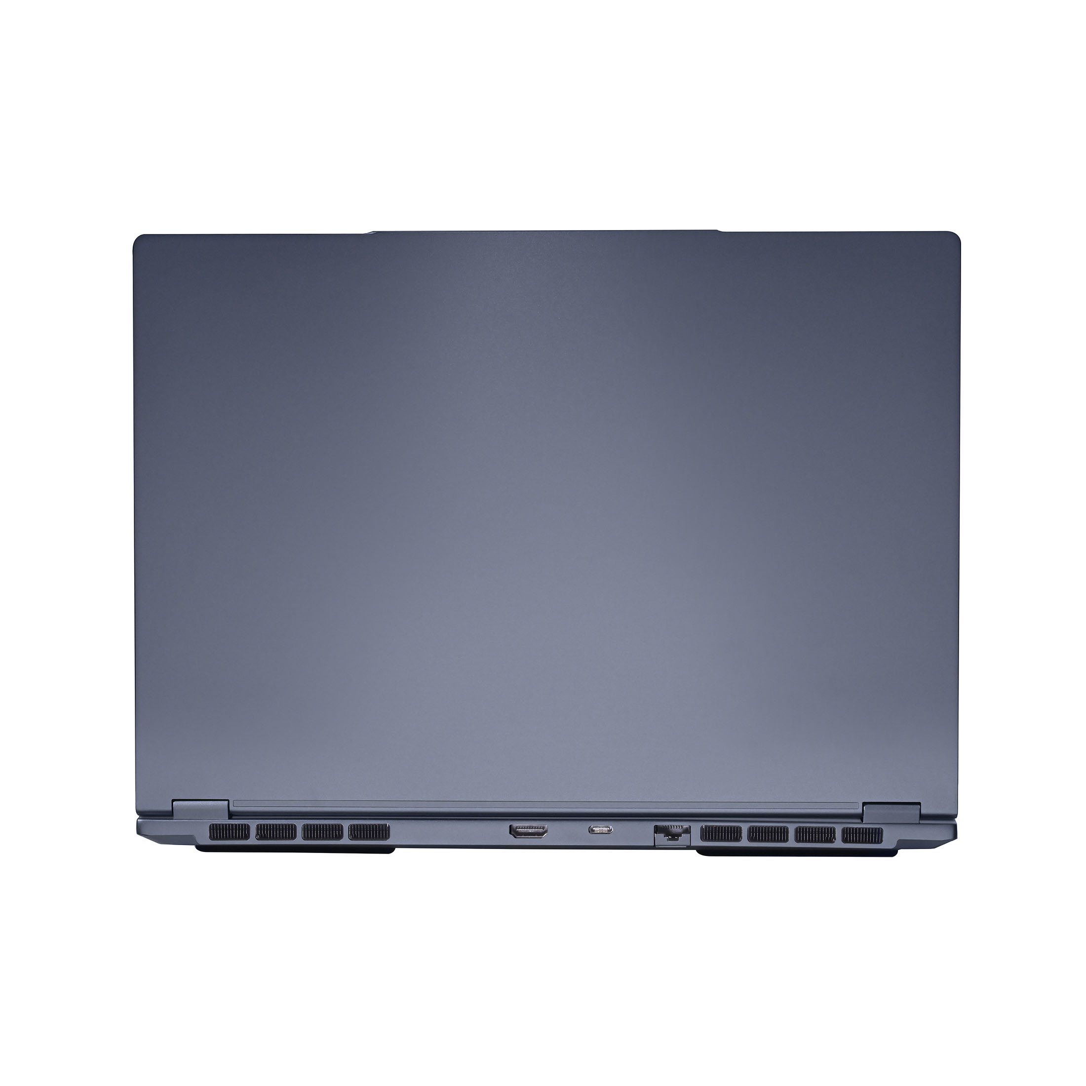 Rückansicht eines geschlossenen grauen Laptops mit Lüftungsschlitzen und Anschlüssen.