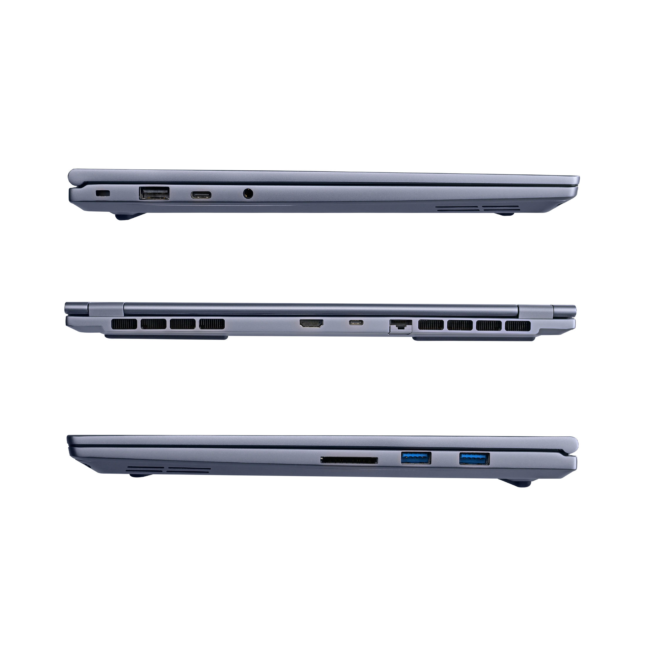 Drei Seitenansichten eines grauen Laptops mit Anschlüssen wie USB, HDMI und Lüftungsschlitzen.