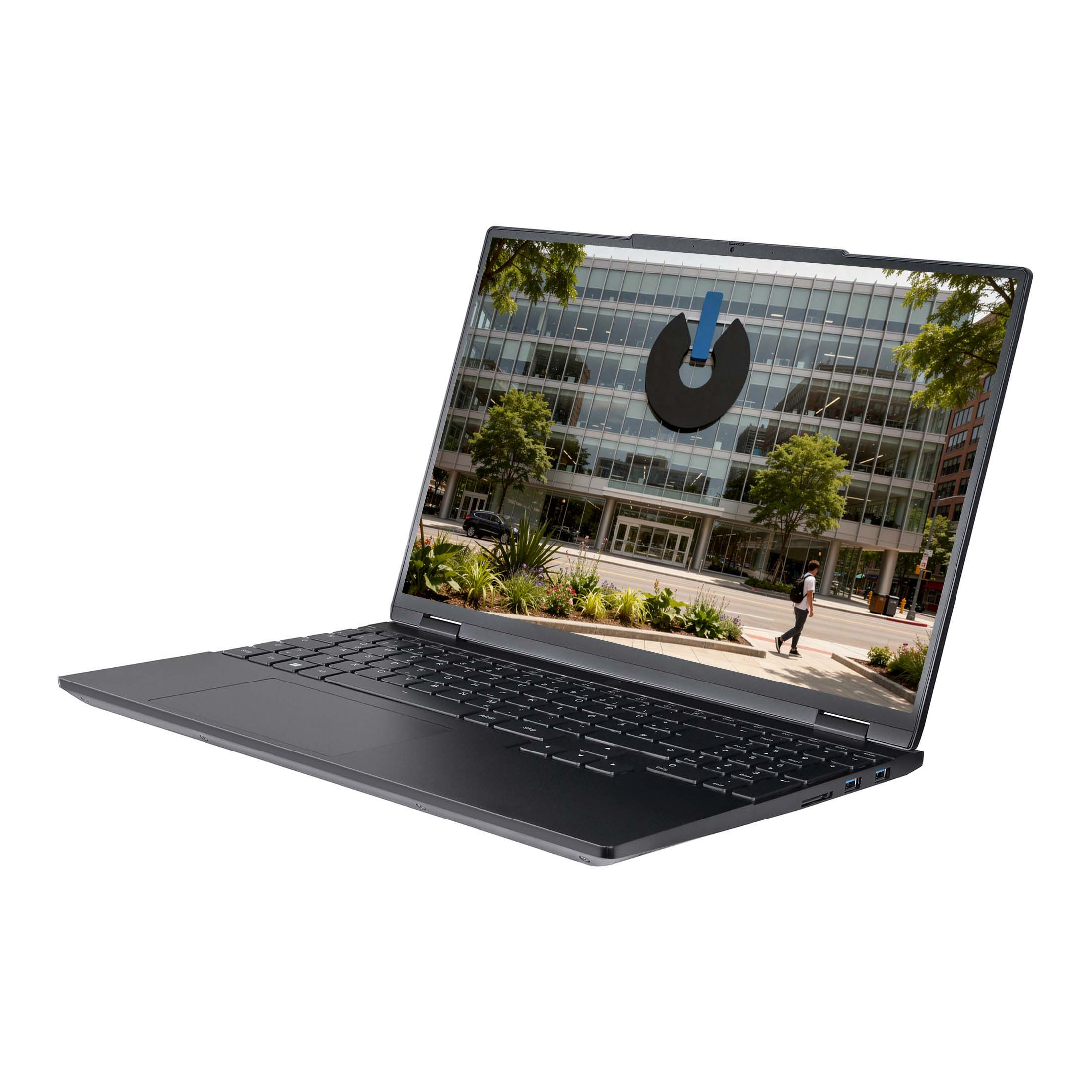 Ein dunkelgrauer Laptop ist geöffnet und zeigt das Foto eines modernen Glasgebäudes und einer Straßenszene.