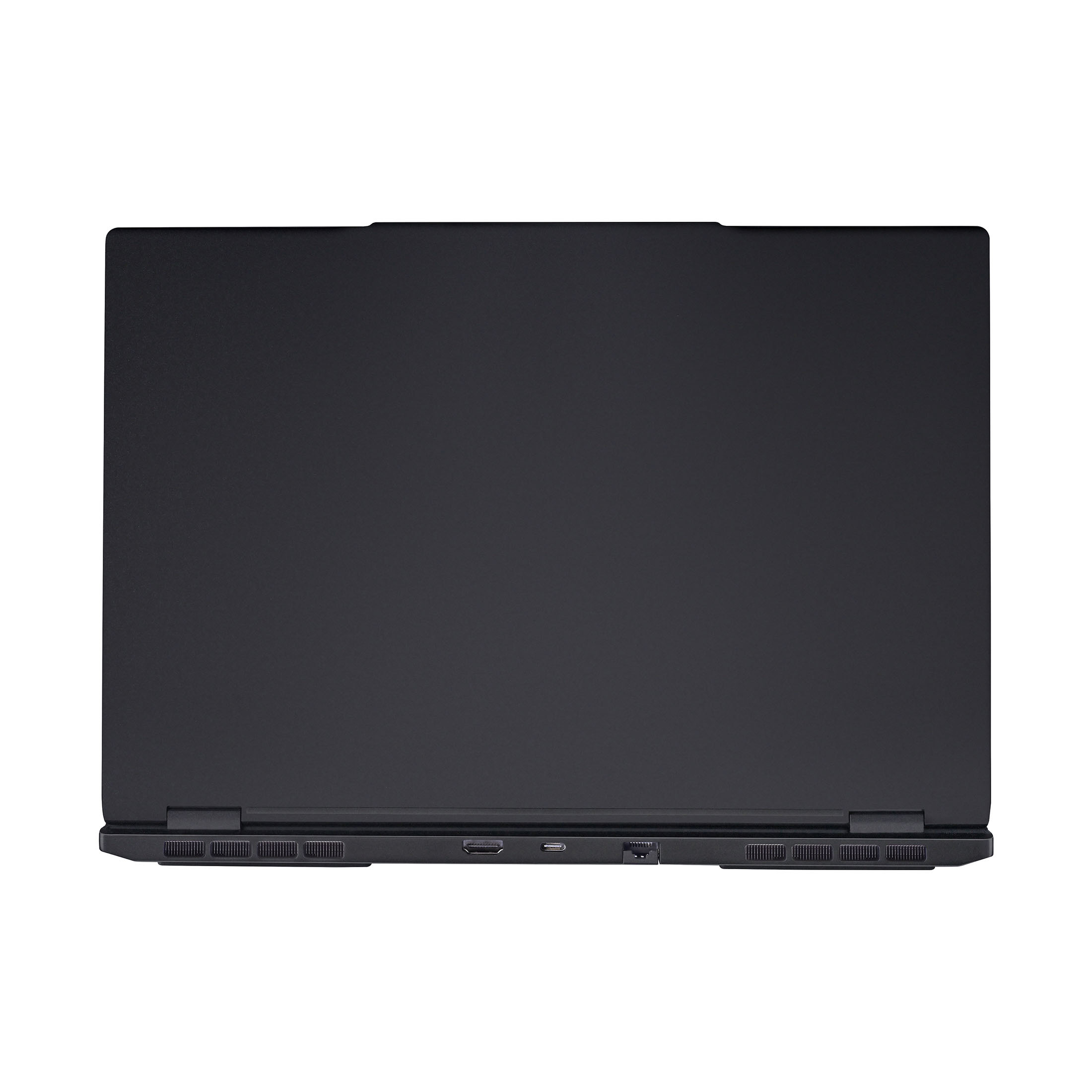 Rückansicht eines geschlossenen schwarzen Laptops mit sichtbaren Anschlüssen und Lüftungsschlitzen.