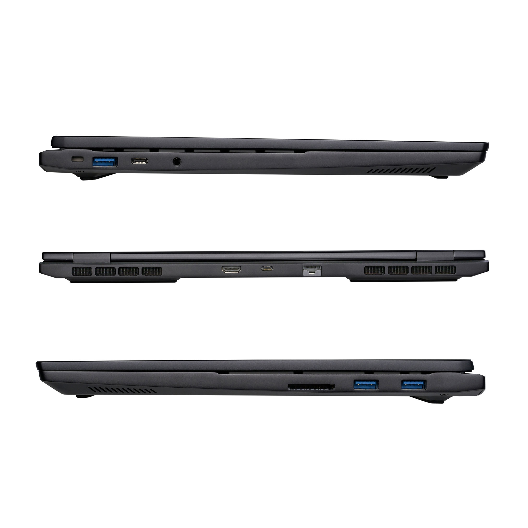 Drei Seitenansichten eines schwarzen Laptops mit Anschlüssen wie USB und HDMI vor weißem Hintergrund.