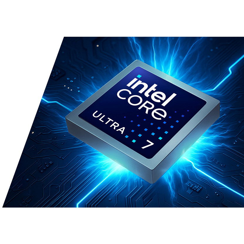 Koyu devre kartı arka planında mavi parlayan bir Intel Core Ultra 7 işlemci çipi.