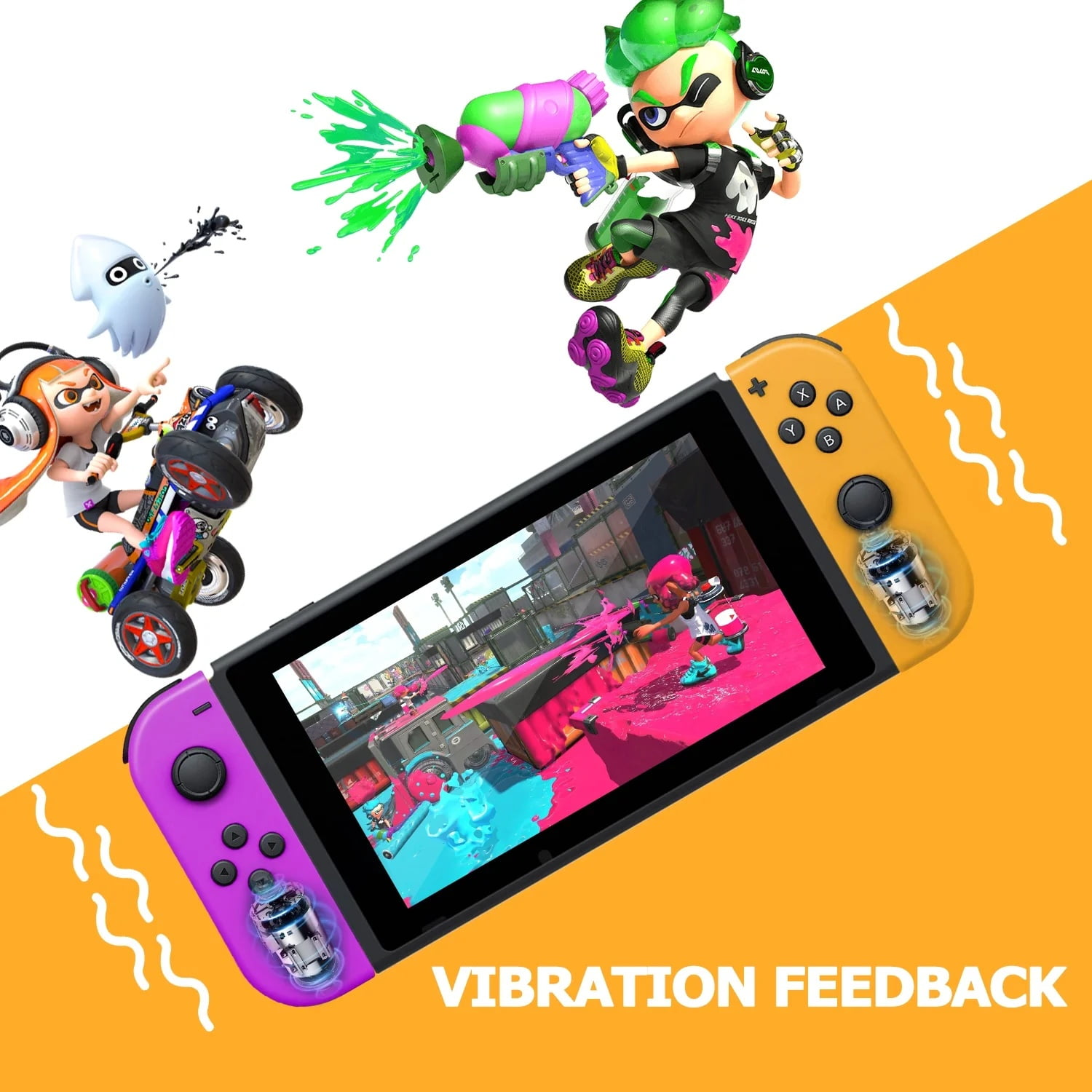 Ein Nintendo Switch-Handheld zeigt Splatoon, umgeben von Figuren und dem Text VIBRATION FEEDBACK.