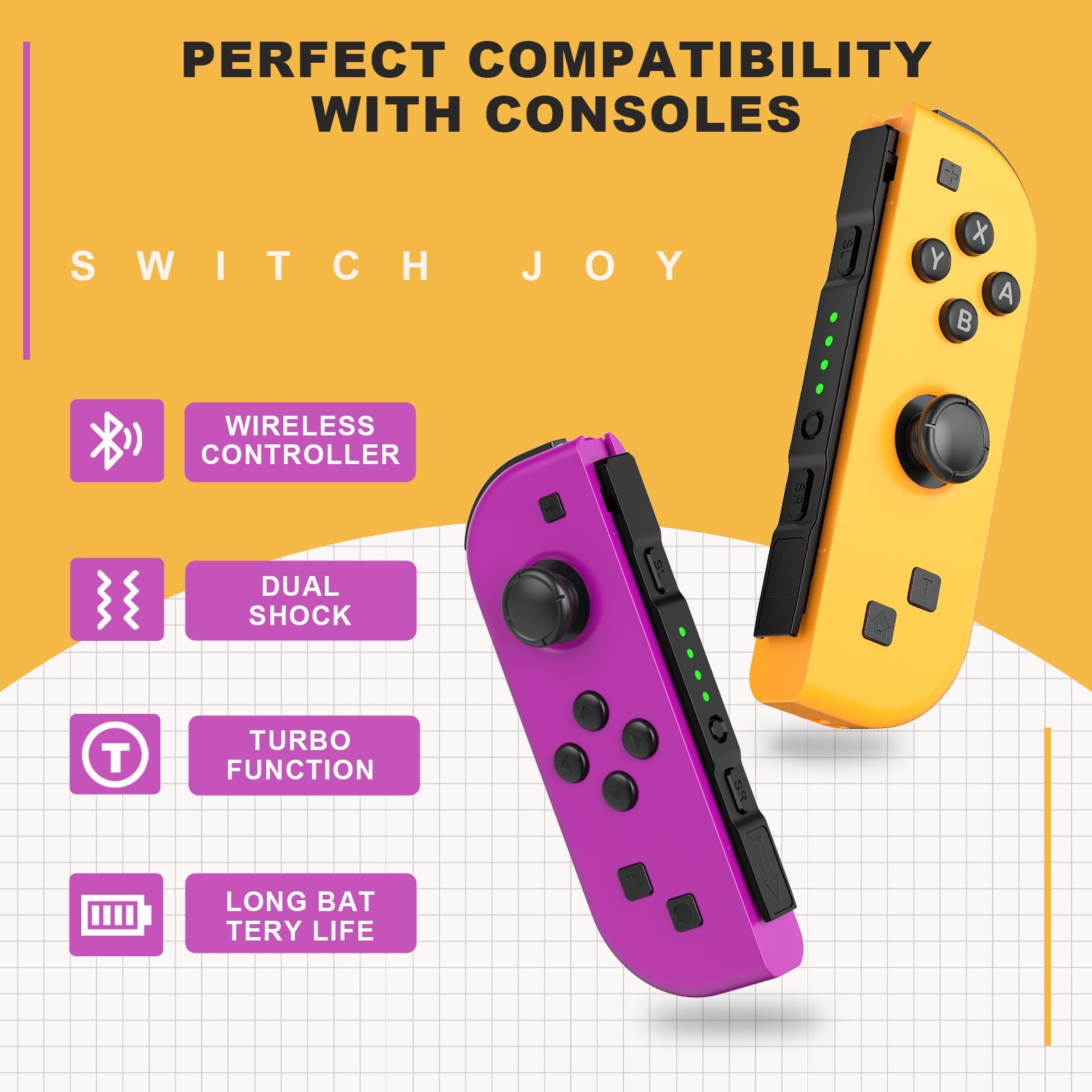 Gelbe und violette kabellose Switch-Joy-Con-Controller auf gelbem und weißem Hintergrund.