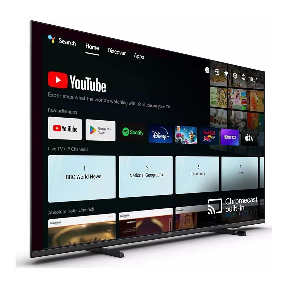 Una smart TV mostra l'interfaccia di YouTube, le app preferite e i canali TV.