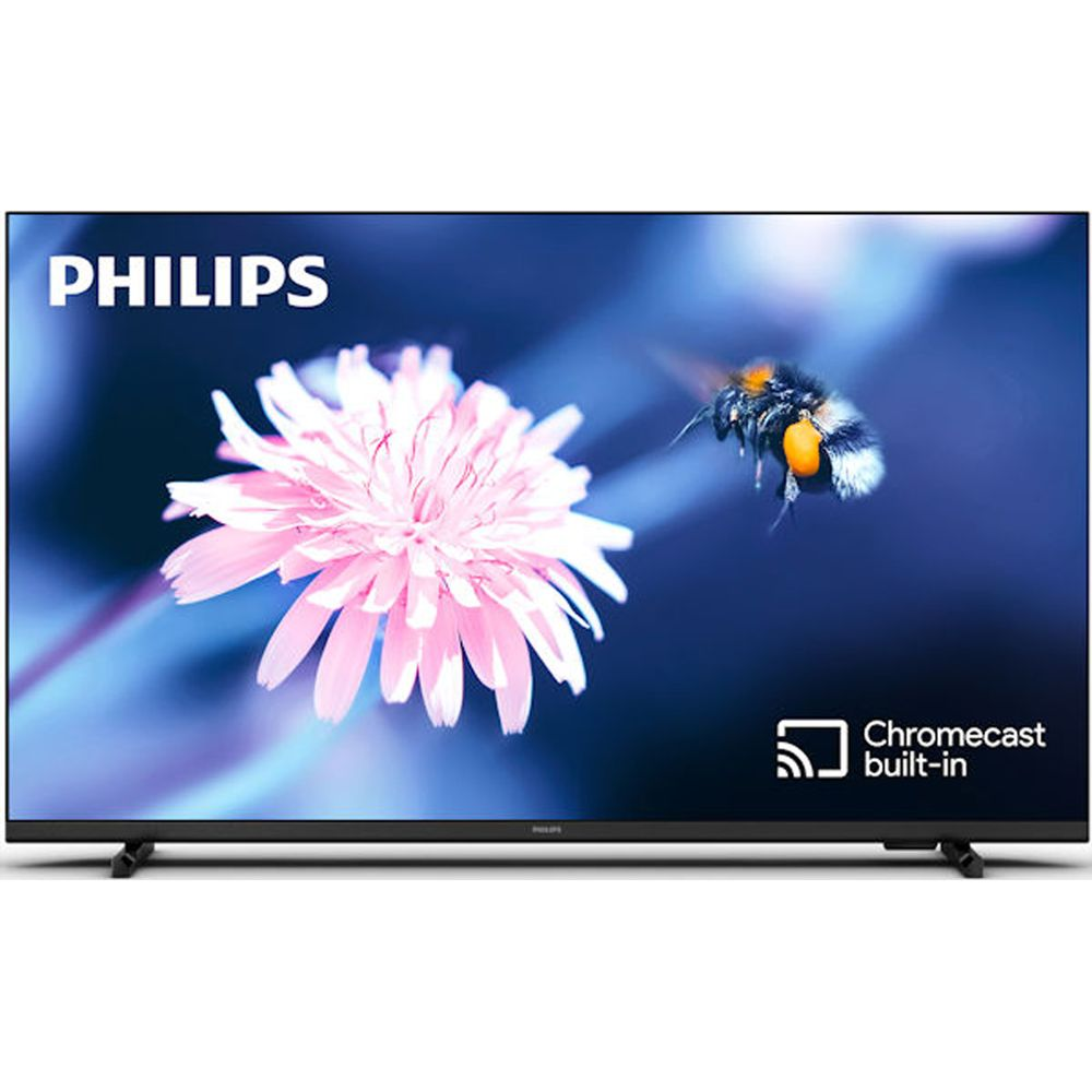 Una TV Philips mostra un fiore rosa e un'ape sullo schermo.