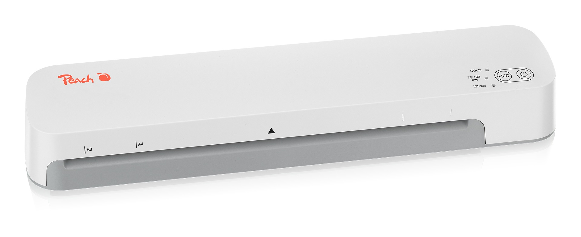 Ein weißer Peach-Laminator steht auf weißem Hintergrund mit Knöpfen und Öffnungen.