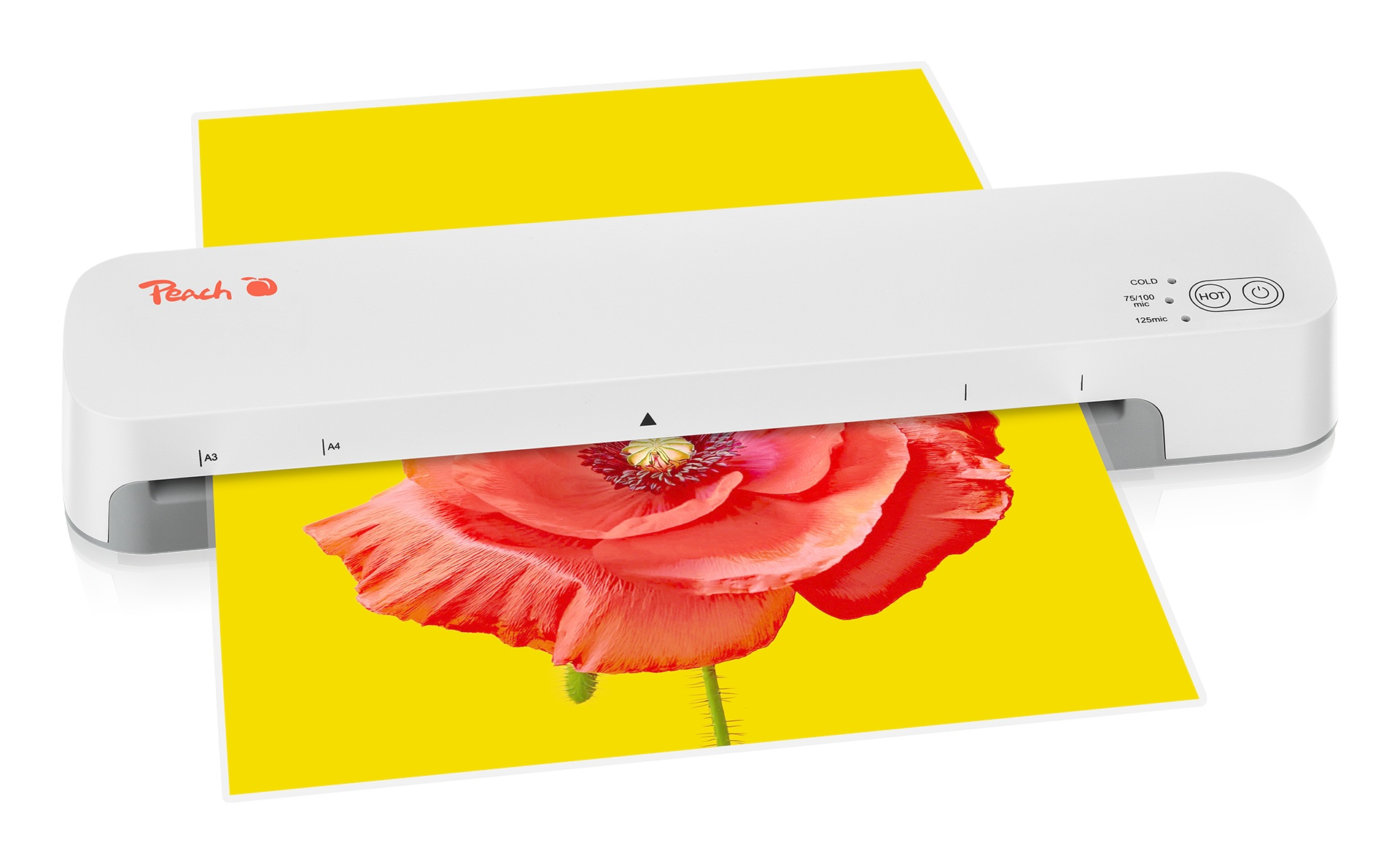 Ein weißes Peach Laminiergerät laminiert ein gelbes Papier mit einer roten Mohnblume.