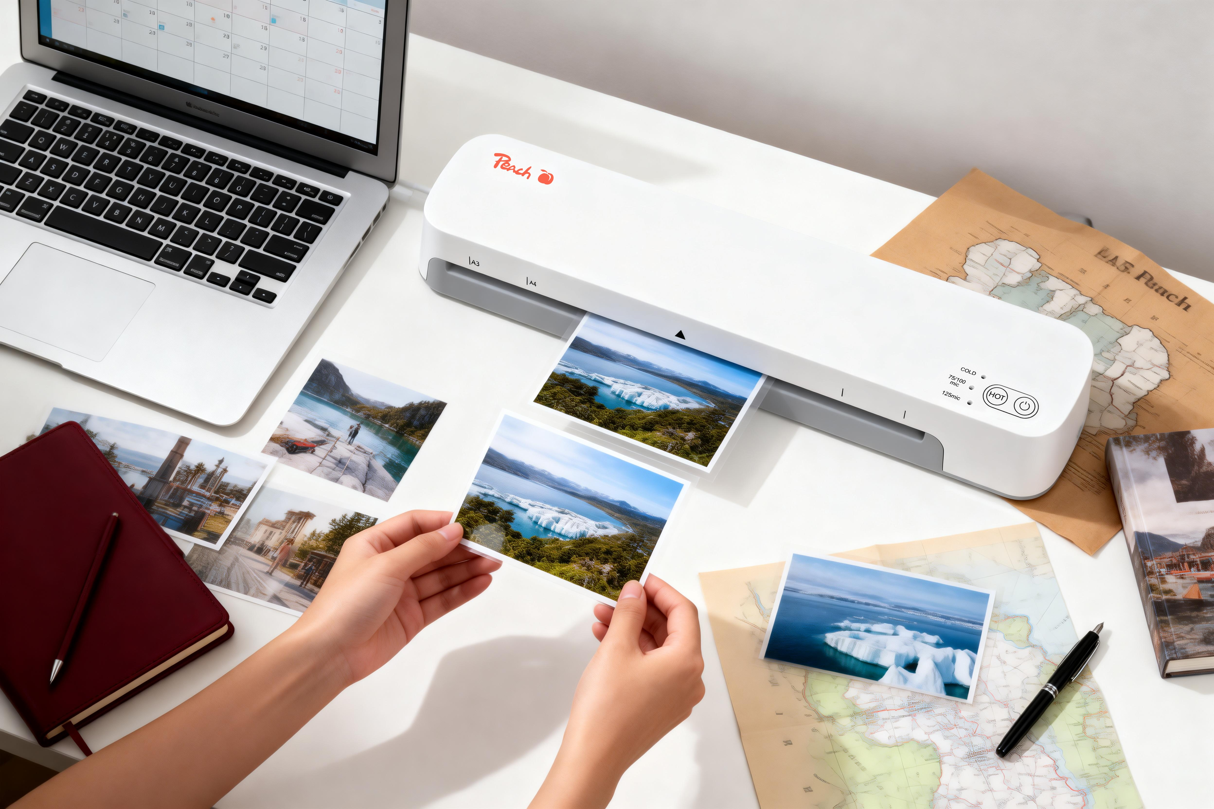 Laminiergerät auf Schreibtisch mit Laptop, Fotos und Karten.