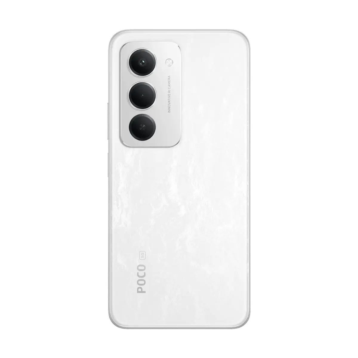 Rückseite eines weißen POCO 5G Smartphones mit vertikaler Dreifachkamera und dem POCO-Logo.