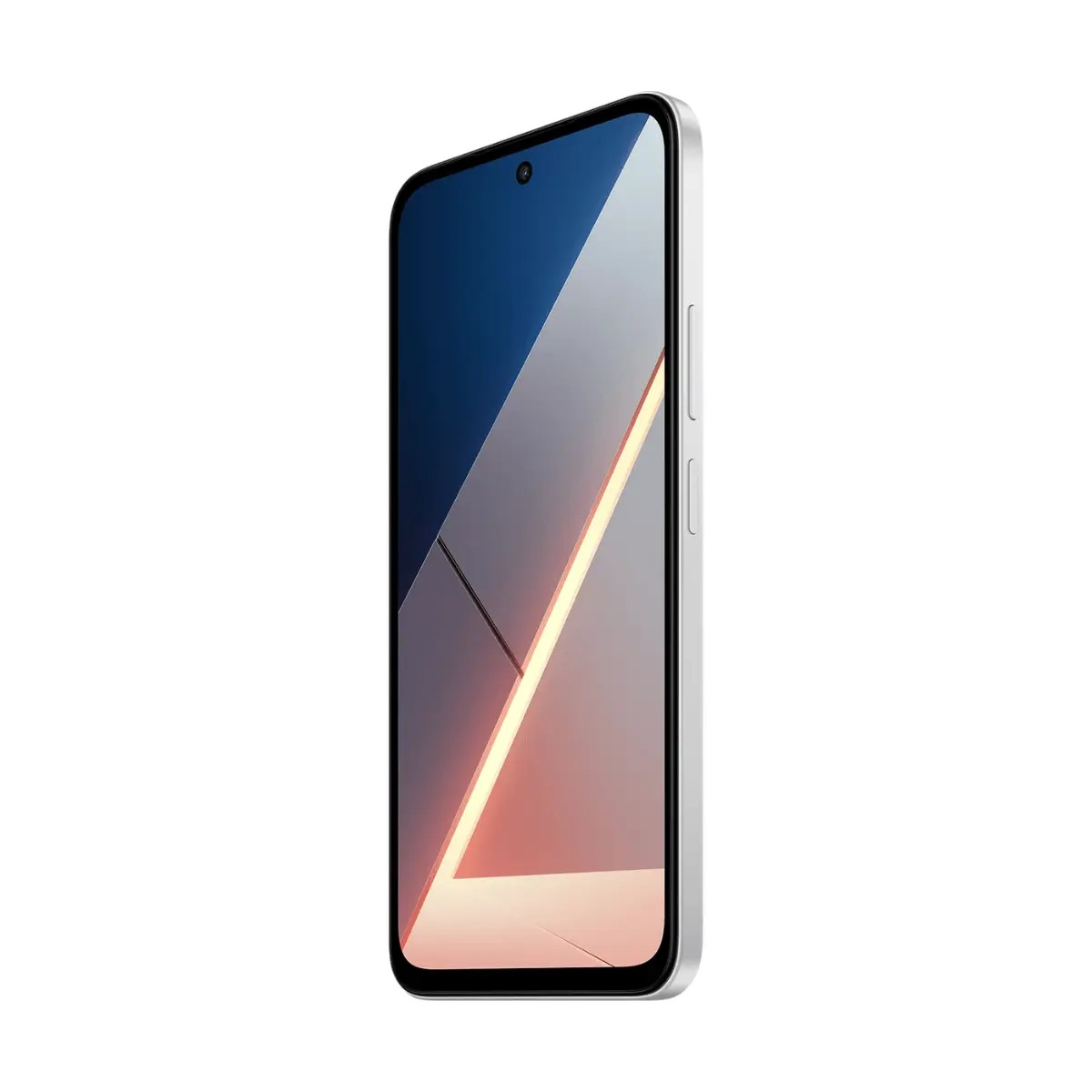 Ein schlankes silbernes Smartphone, das ein geometrisches, farbiges Hintergrundbild mit einer Linie zeigt.