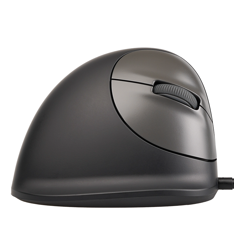 Eine schwarze, ergonomische vertikale Computermaus vor schwarzem Hintergrund mit Scrollrad und Tasten.