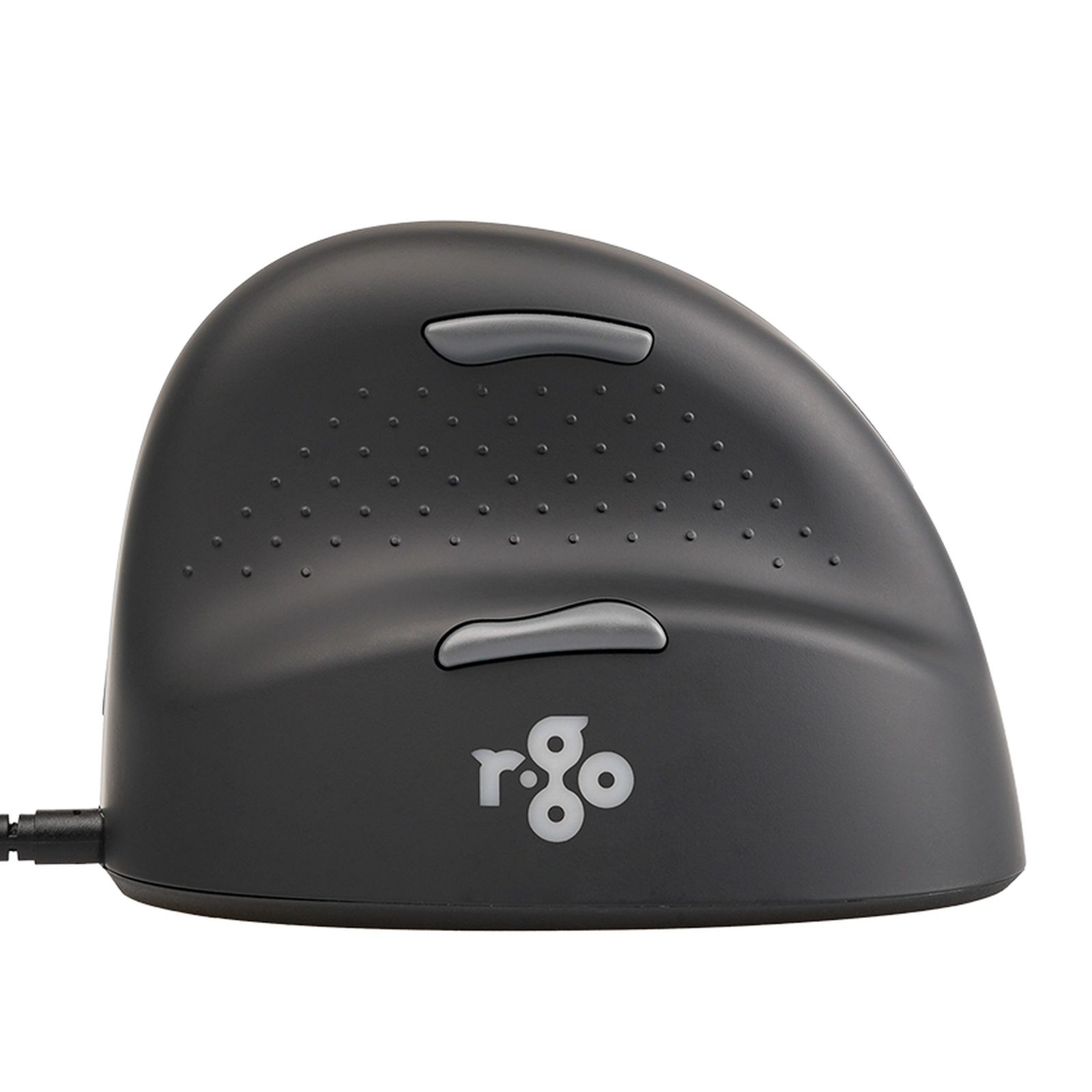 Eine schwarze ergonomische vertikale Computermaus mit grauen Tasten und weißem R-Go-Logo vor weißem Hintergrund.