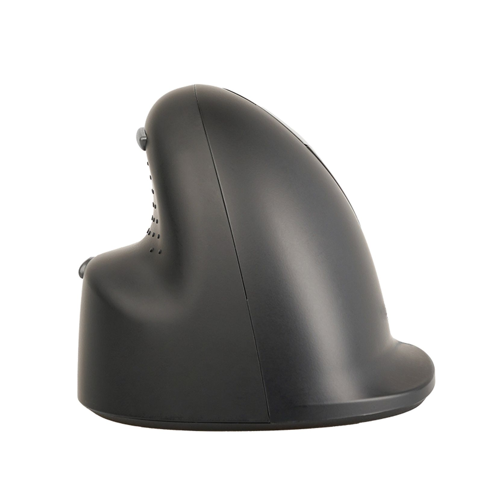 Eine schwarze ergonomische Vertikalmaus auf einem weißen Hintergrund.