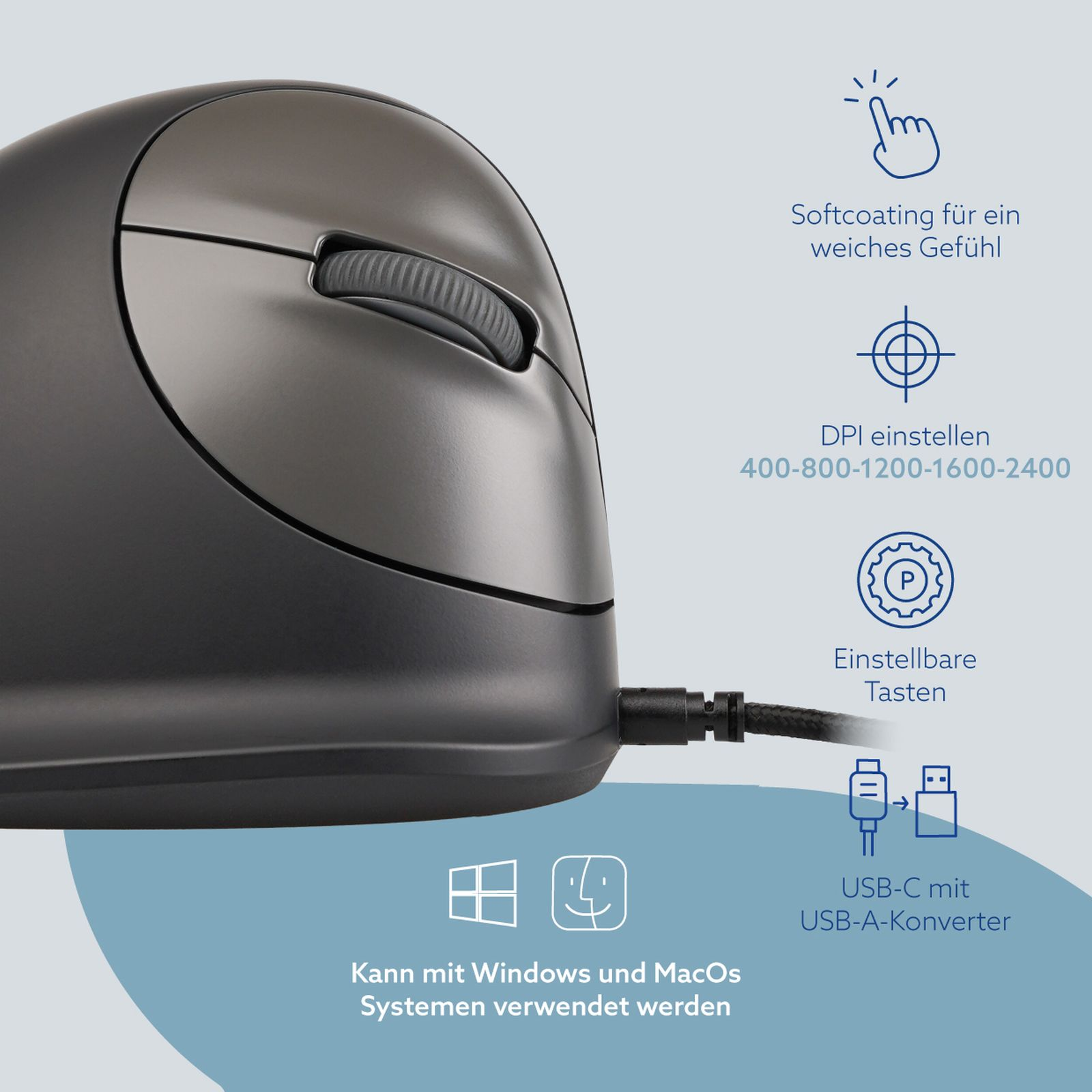 Ergonomische schwarze Maus mit Symbolen und Texten für Funktionen.