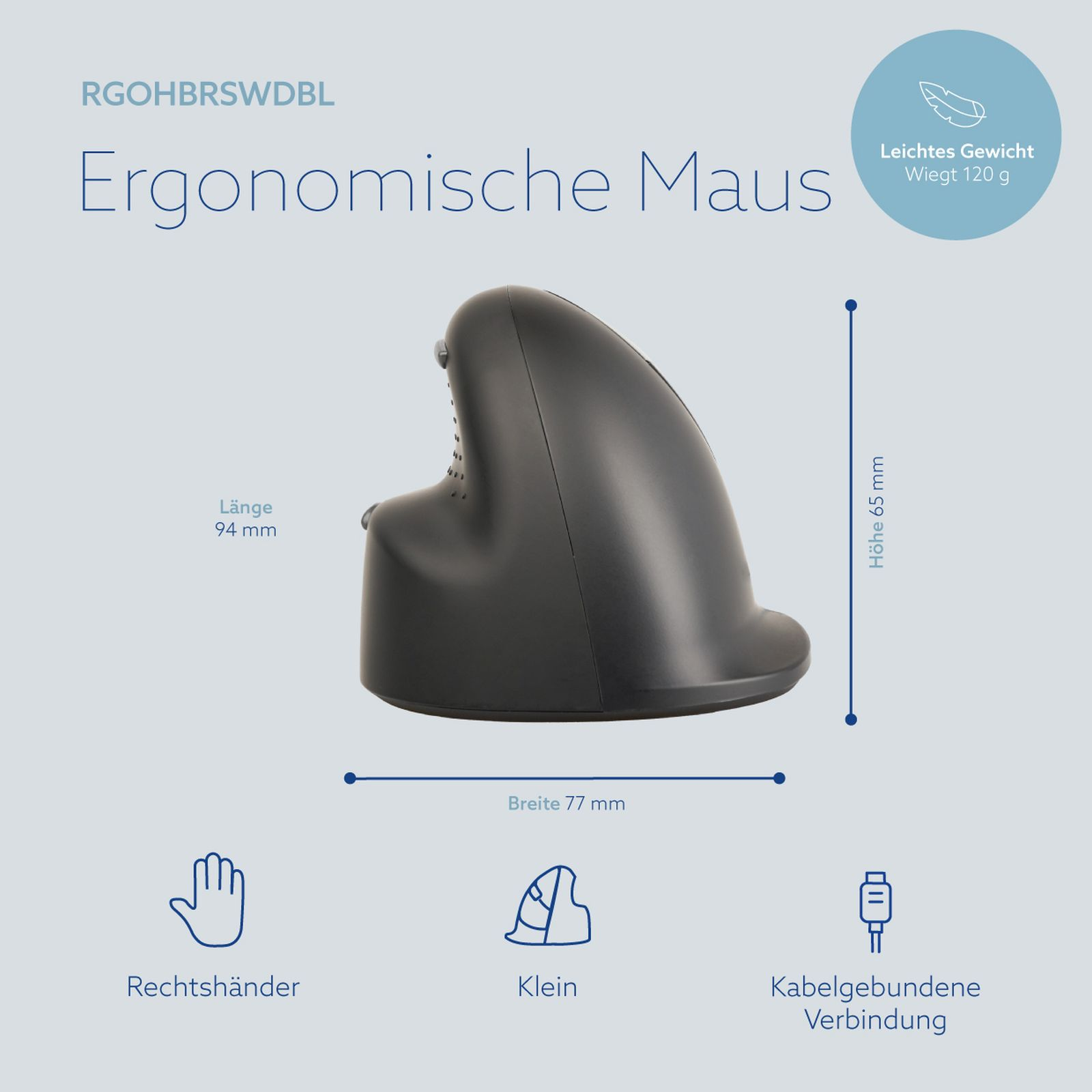Ergonomische, schwarze Maus mit Maßangaben und Symbolen für Rechtshänder, Grösse und Kabel.
