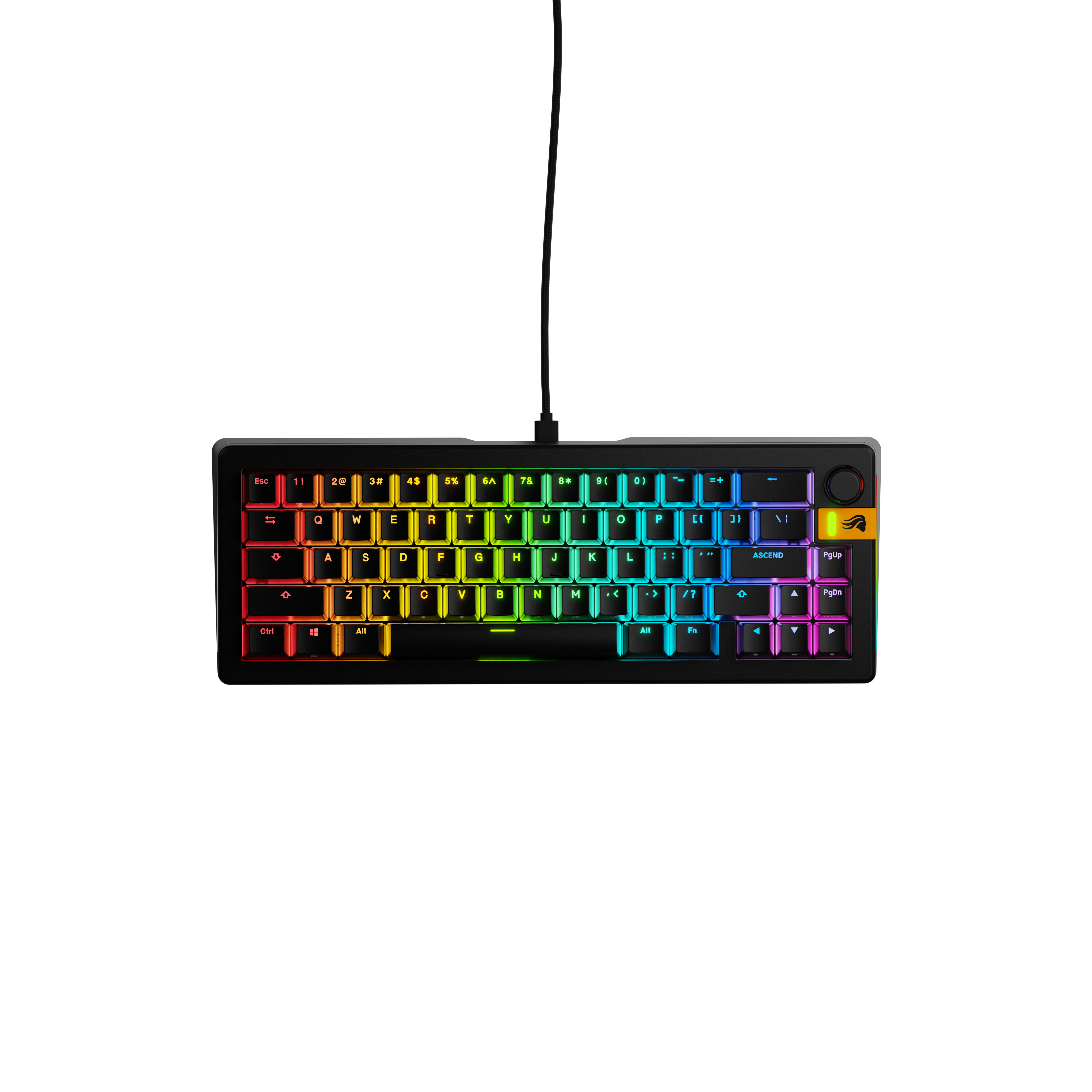 Eine schwarze mechanische Gaming-Tastatur mit lebendiger RGB-Hintergrundbeleuchtung auf weißem Hintergrund.