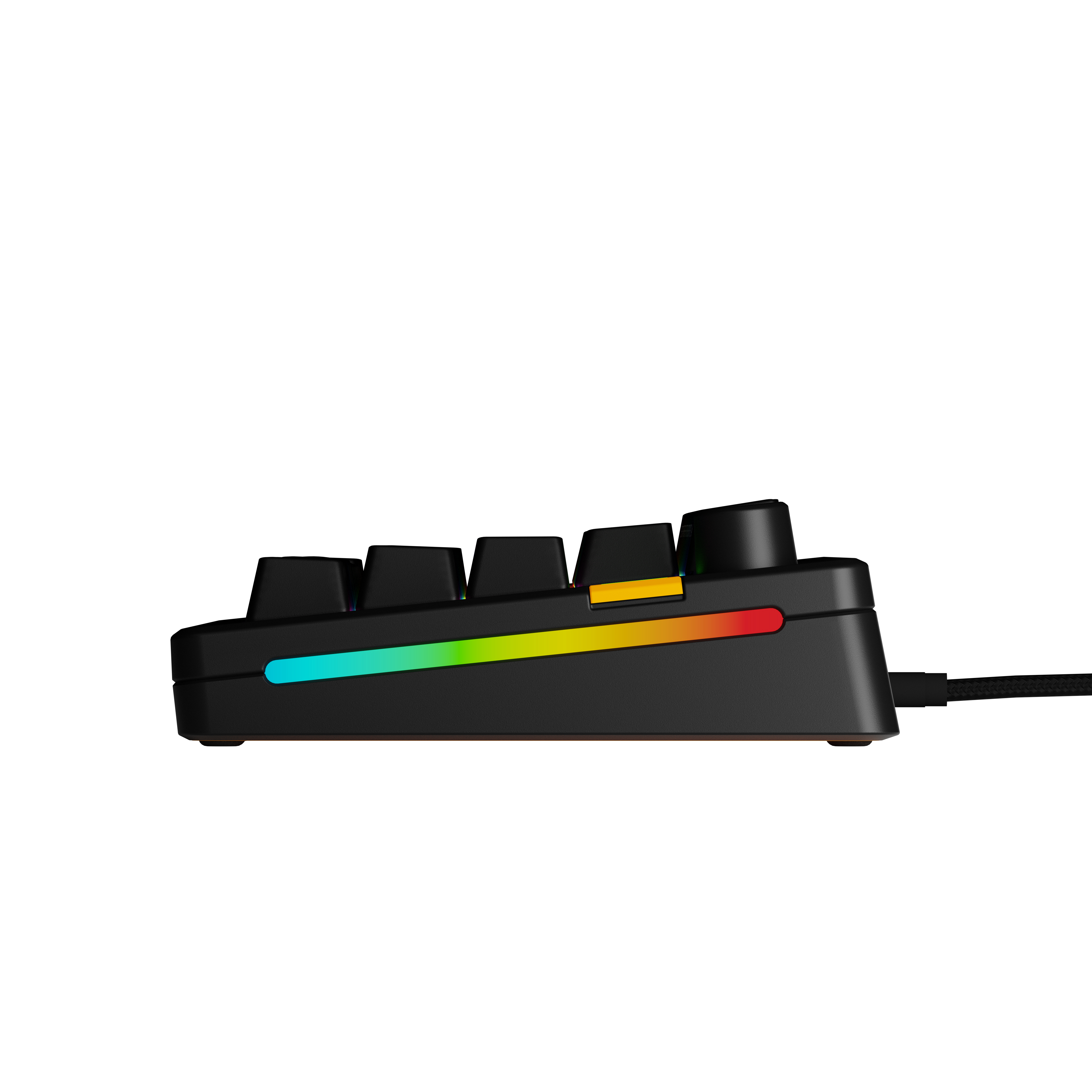 Seitenansicht einer schwarzen Makrotastatur mit RGB-Beleuchtung und Knöpfen auf weißem Hintergrund.