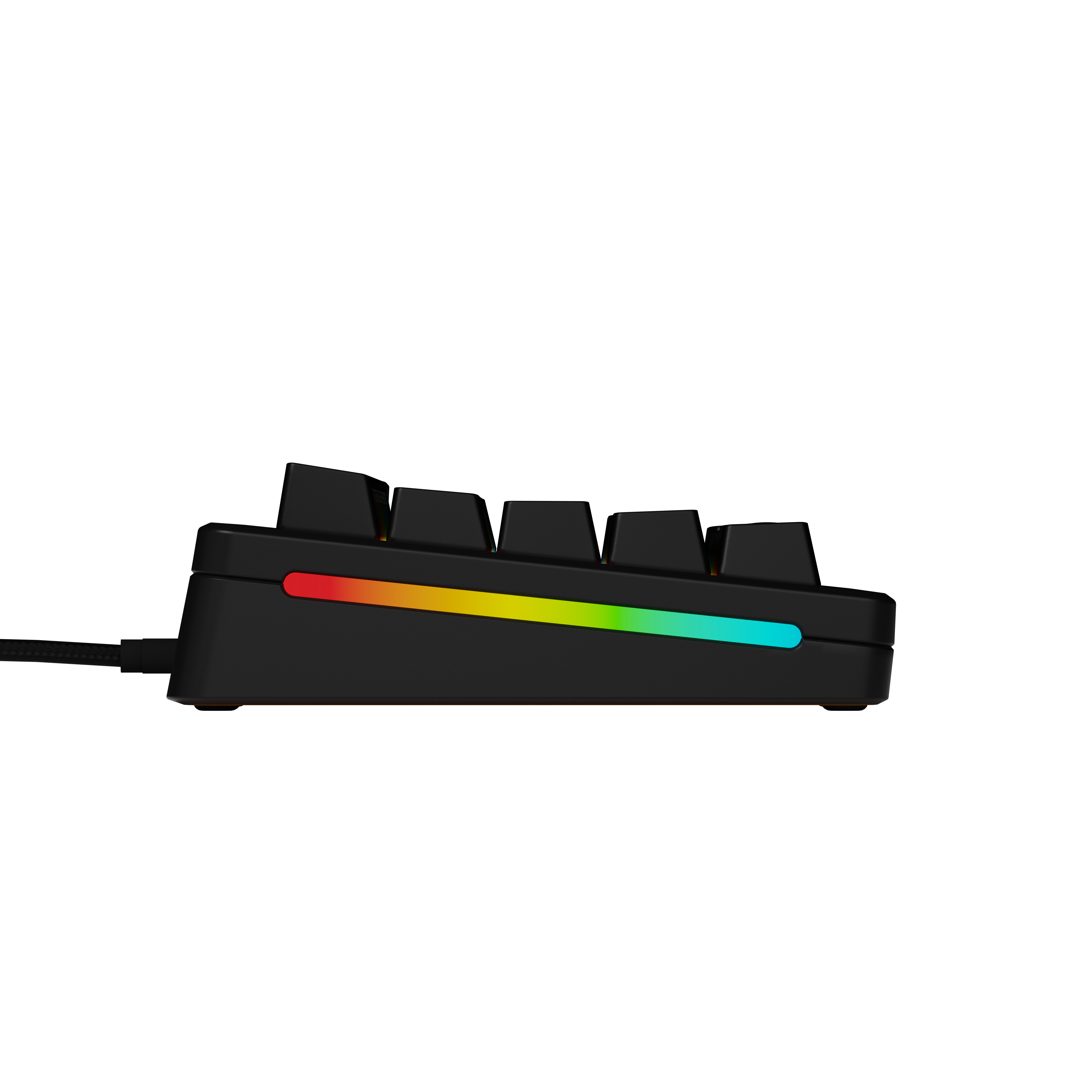 Seitenansicht einer schwarzen Tastatur mit RGB-Beleuchtung entlang der Kante vor weißem Hintergrund.