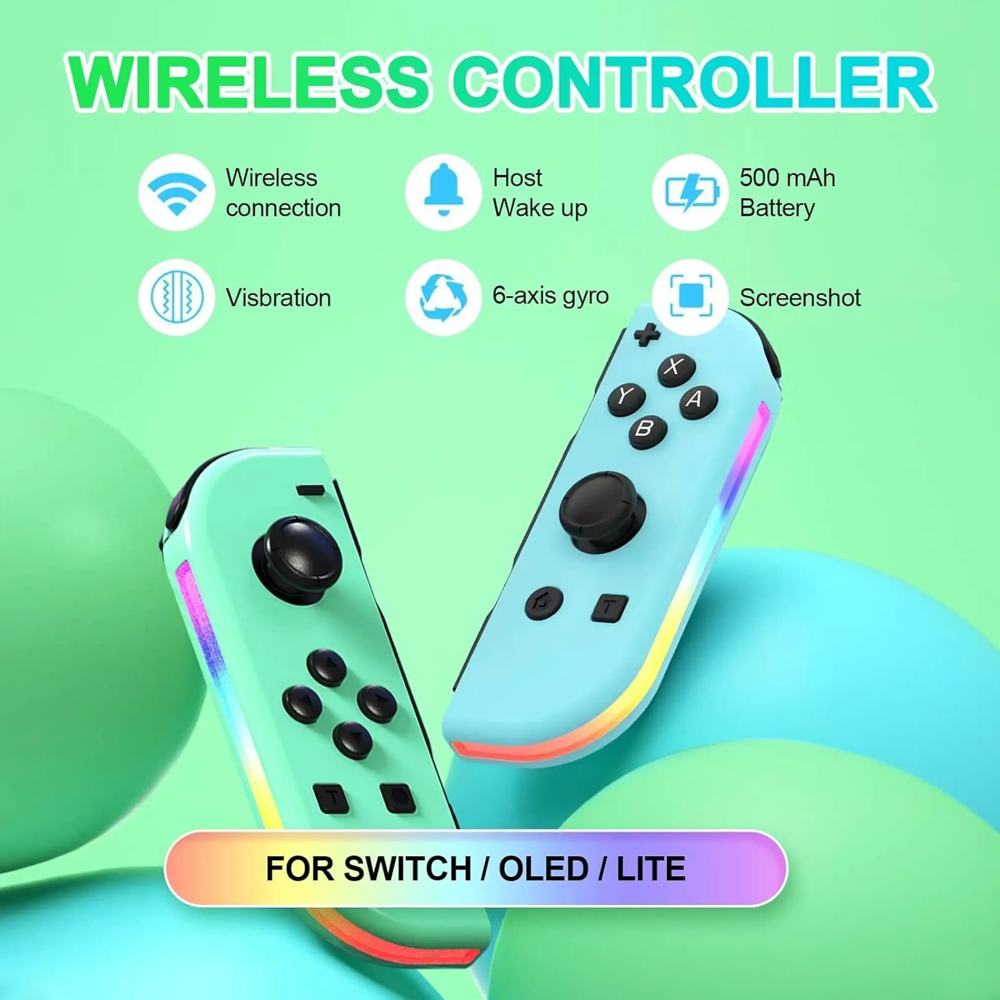 Türkisblaue kabellose Controller für Switch mit Funktions-Icons und grünem Hintergrund.