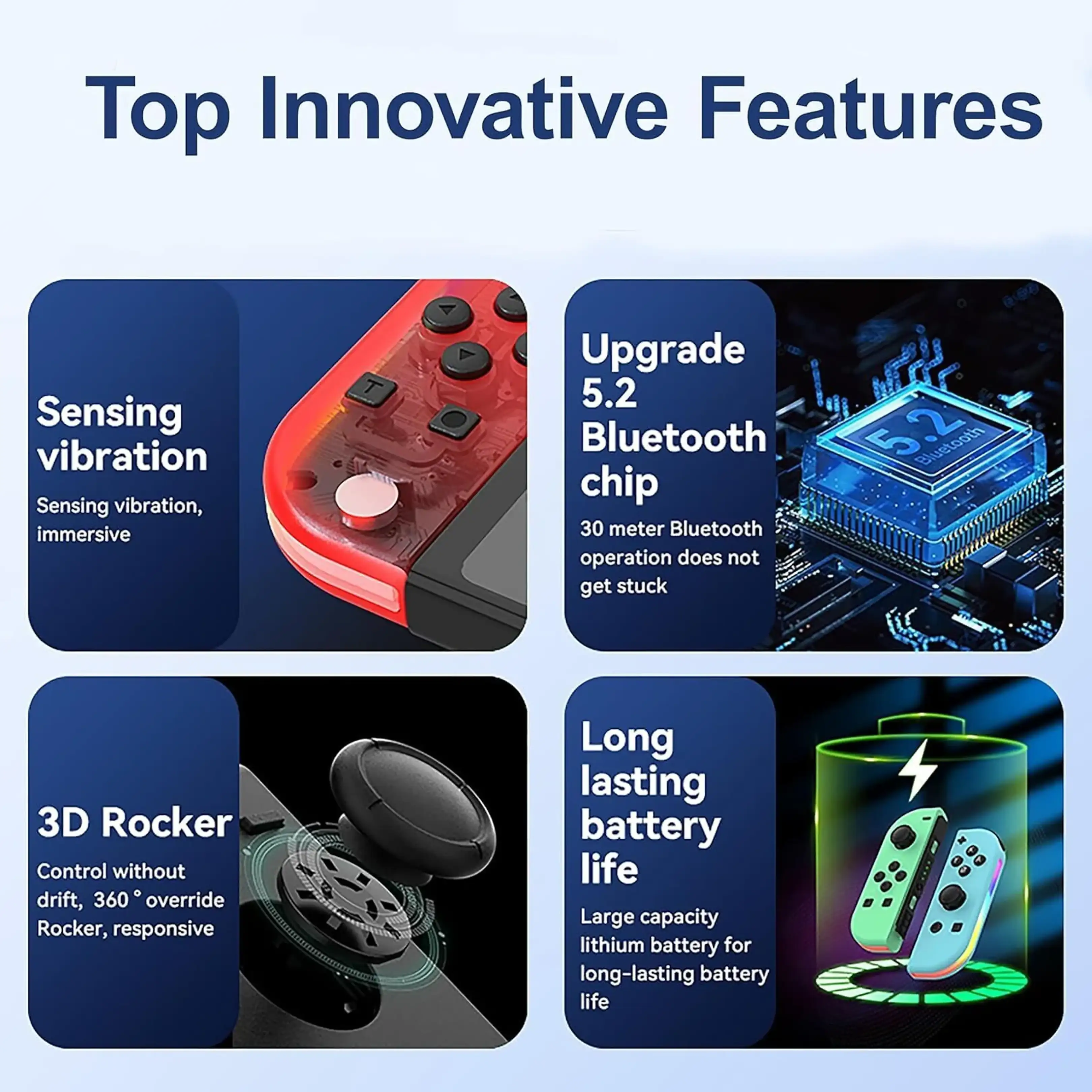 Infografik zeigt Top-Funktionen: Vibrationssensorik, 5.2 Bluetooth-Chip, 3D-Rocker und langlebiger Akku.