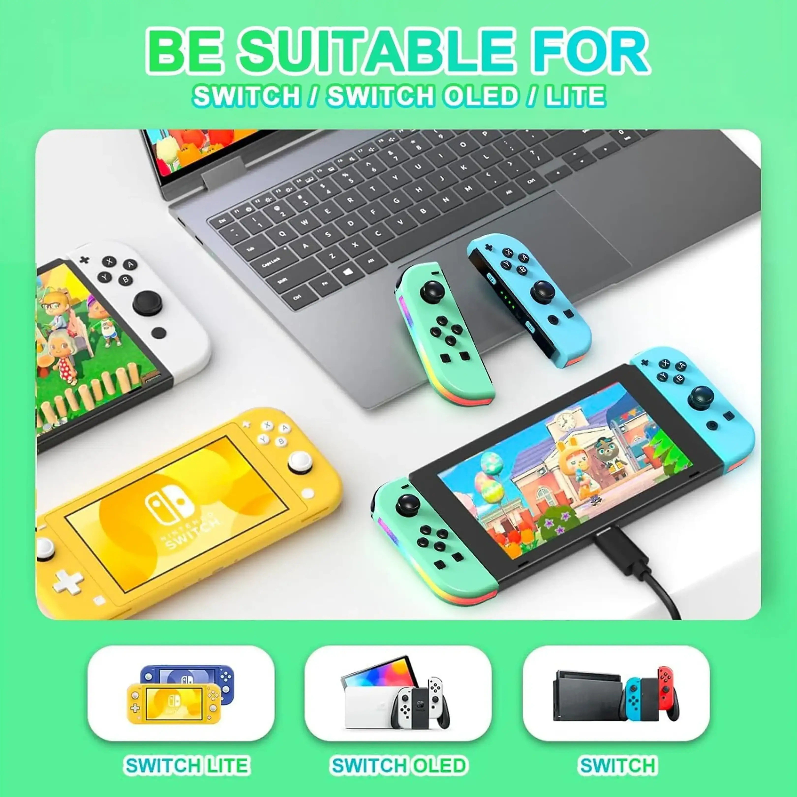 Nintendo Switch Konsolen, Controller und ein Laptop vor hellgrünem Hintergrund mit Text.