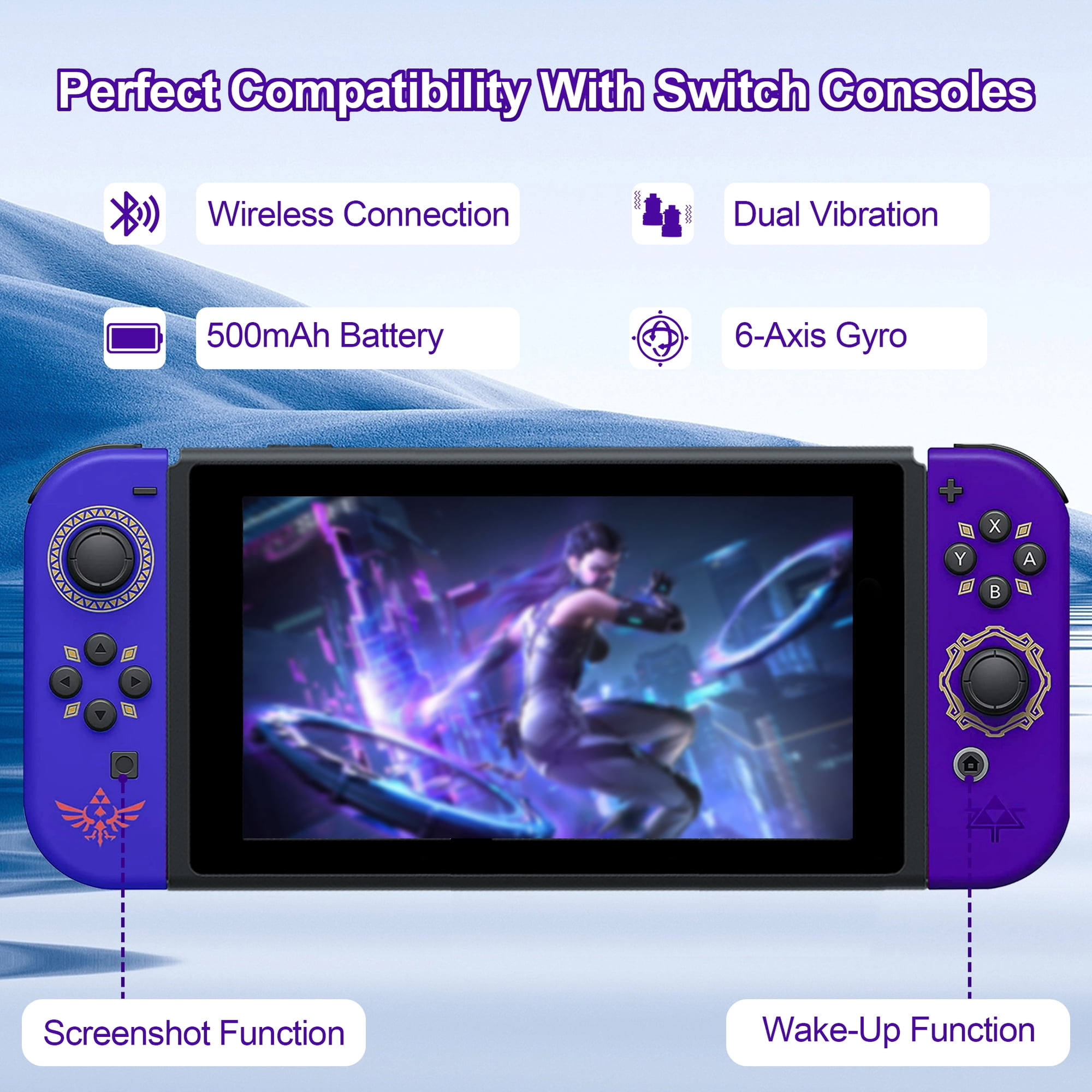 Lila Switch-Controller mit Funktionen wie WLAN, Vibration, Akku und Gyroskop.