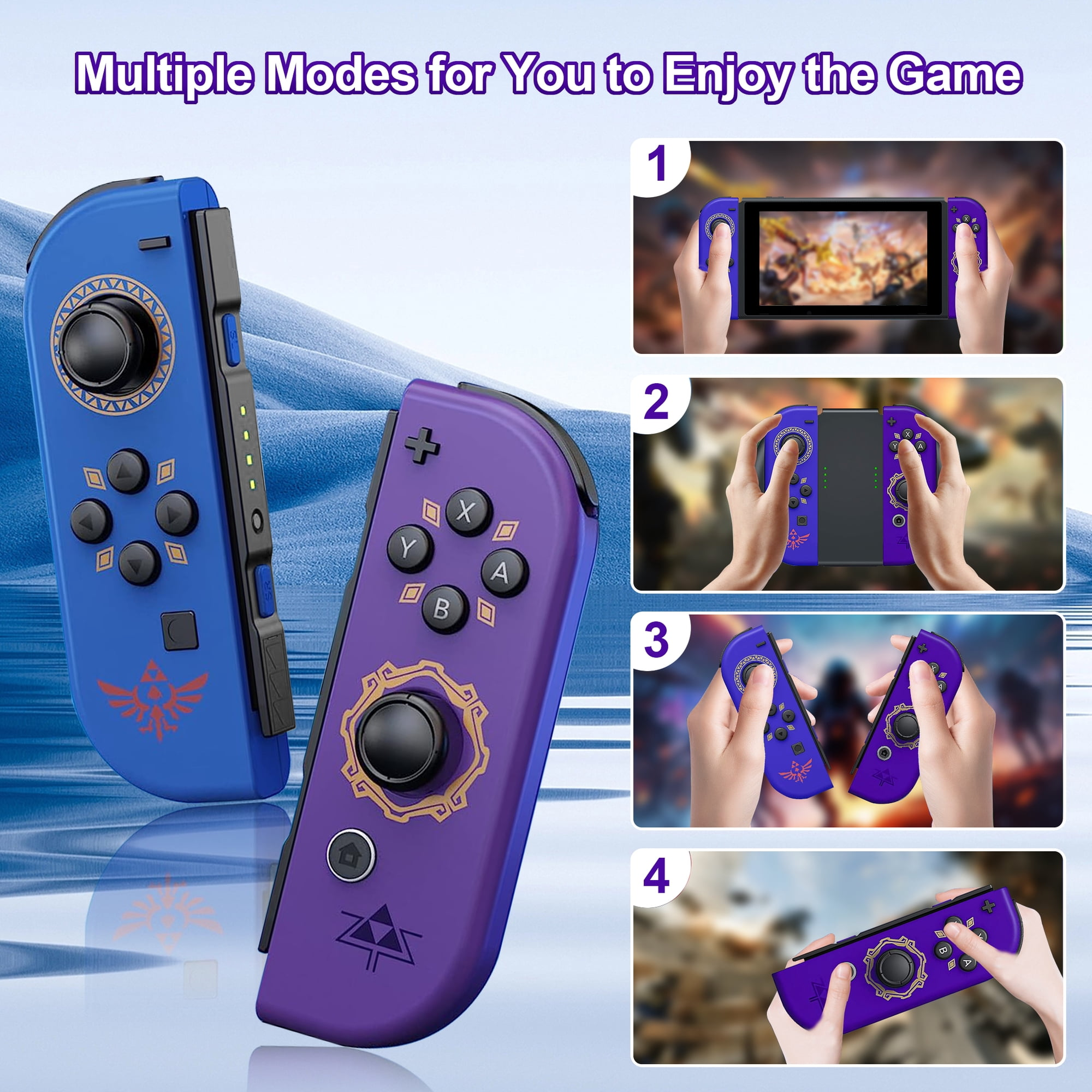 Blaue und lila Joy-Con-Controller mit Zelda-Design zeigen verschiedene Spielmodi auf Insets.