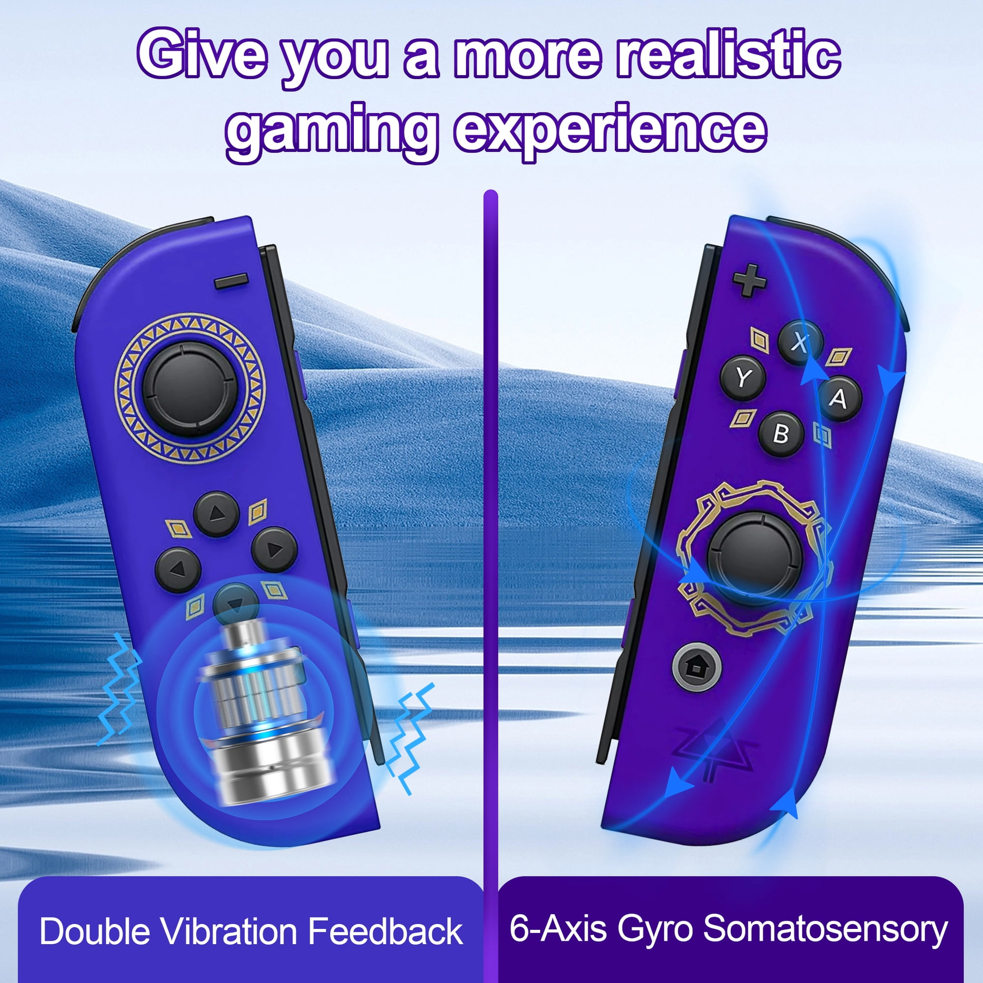 Zwei violette Gaming-Controller mit Mustern zeigen Vibration und Gyro-Funktion vor einer blauen Berglandschaft.