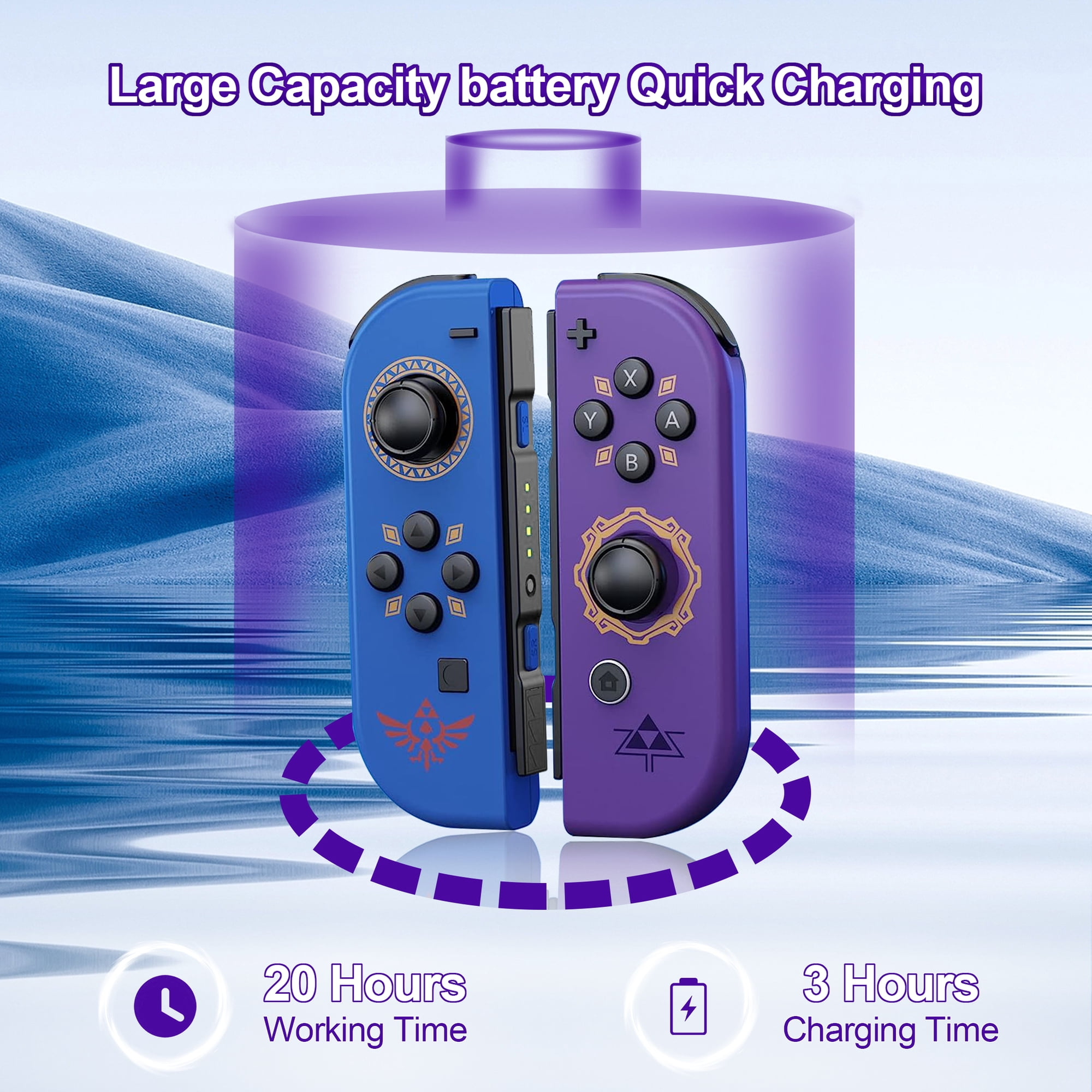 Blaue und lila Joy-Con-Controller vor einer Batterie-Grafik mit Text über Lade- und Arbeitszeit.