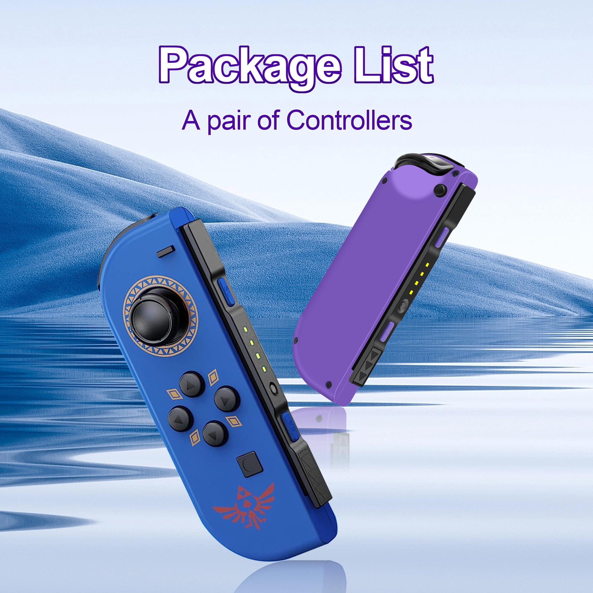 Ein blauer Controller mit Zelda-Design und ein lila Controller schweben vor blauer Landschaft.