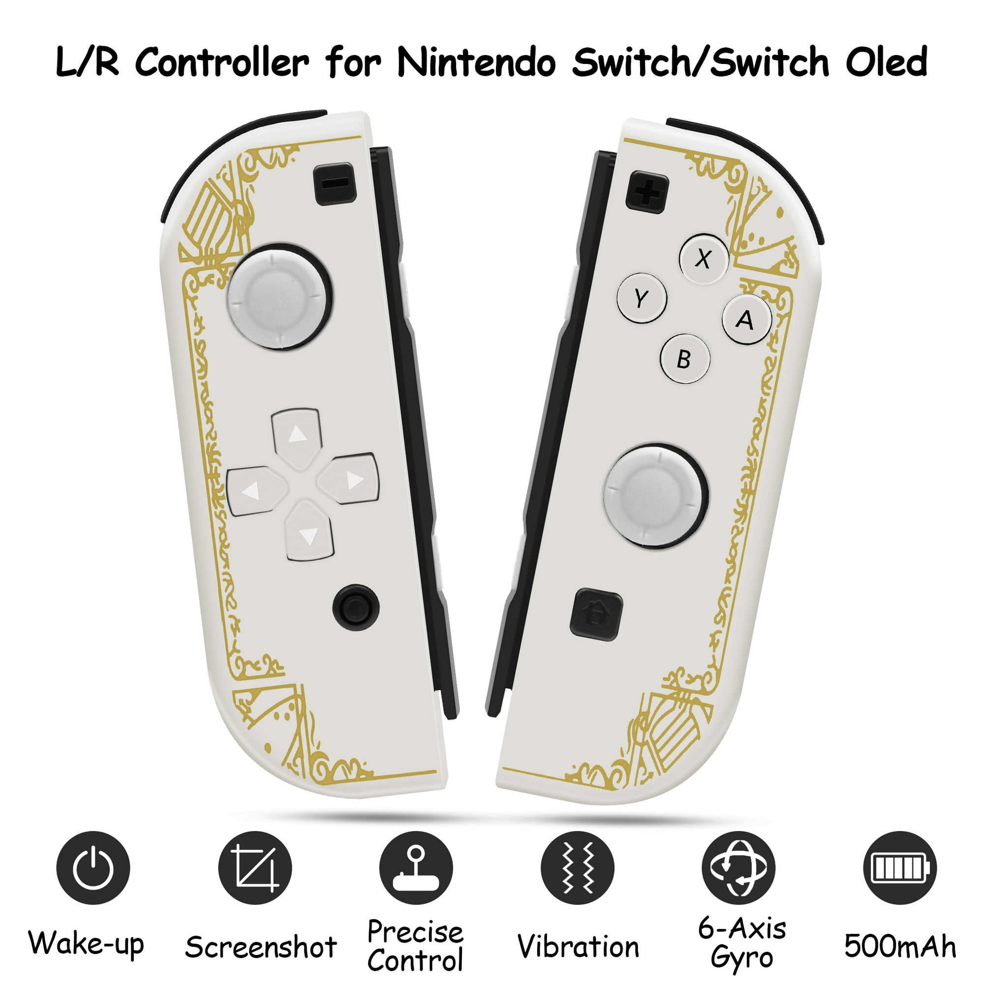 Weisse L/R Controller fuer Nintendo Switch mit goldenen Verzierungen und Tasten.