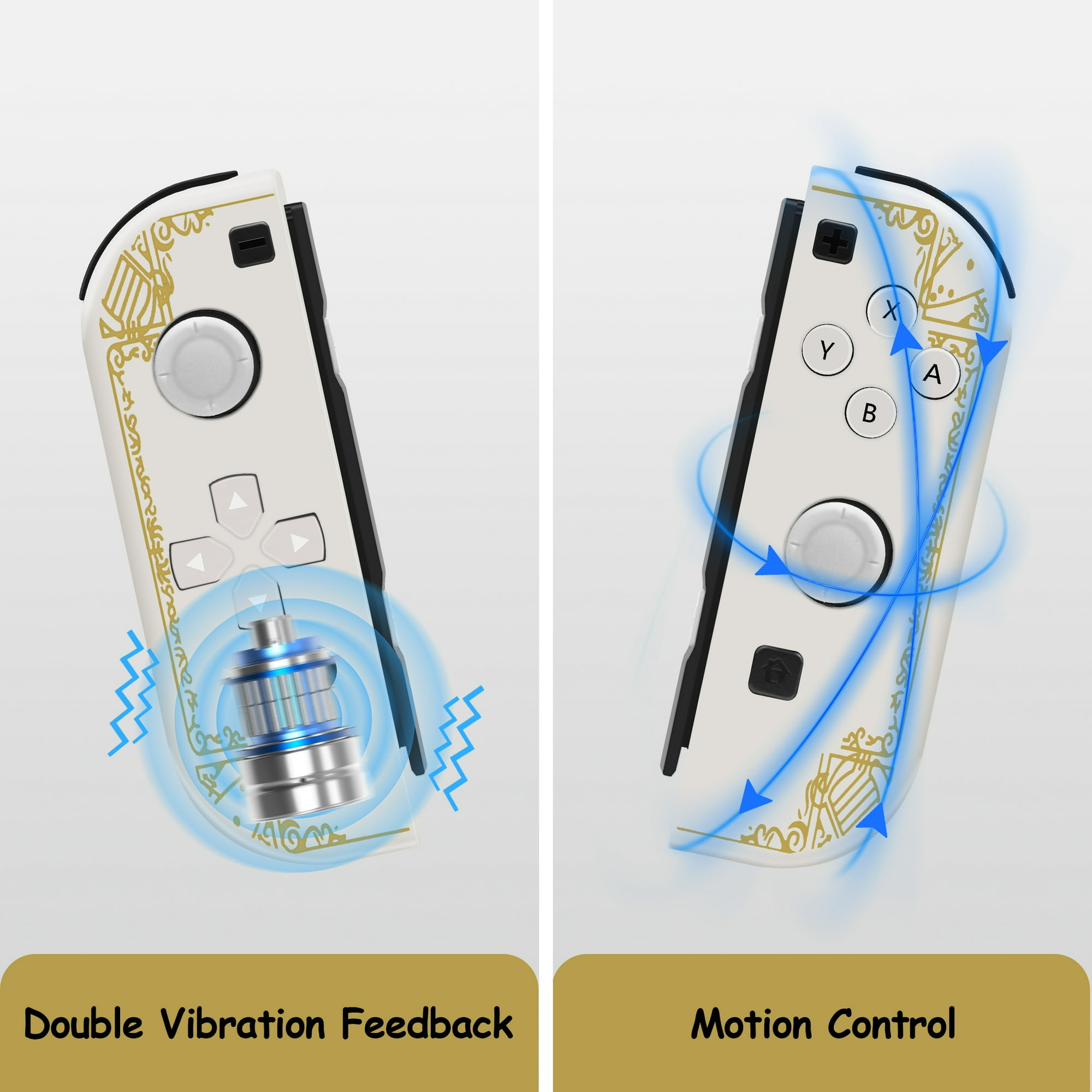 Weisse Gamecontroller mit goldenen Mustern, Vibrations- und Bewegungssensor-Symbolen.