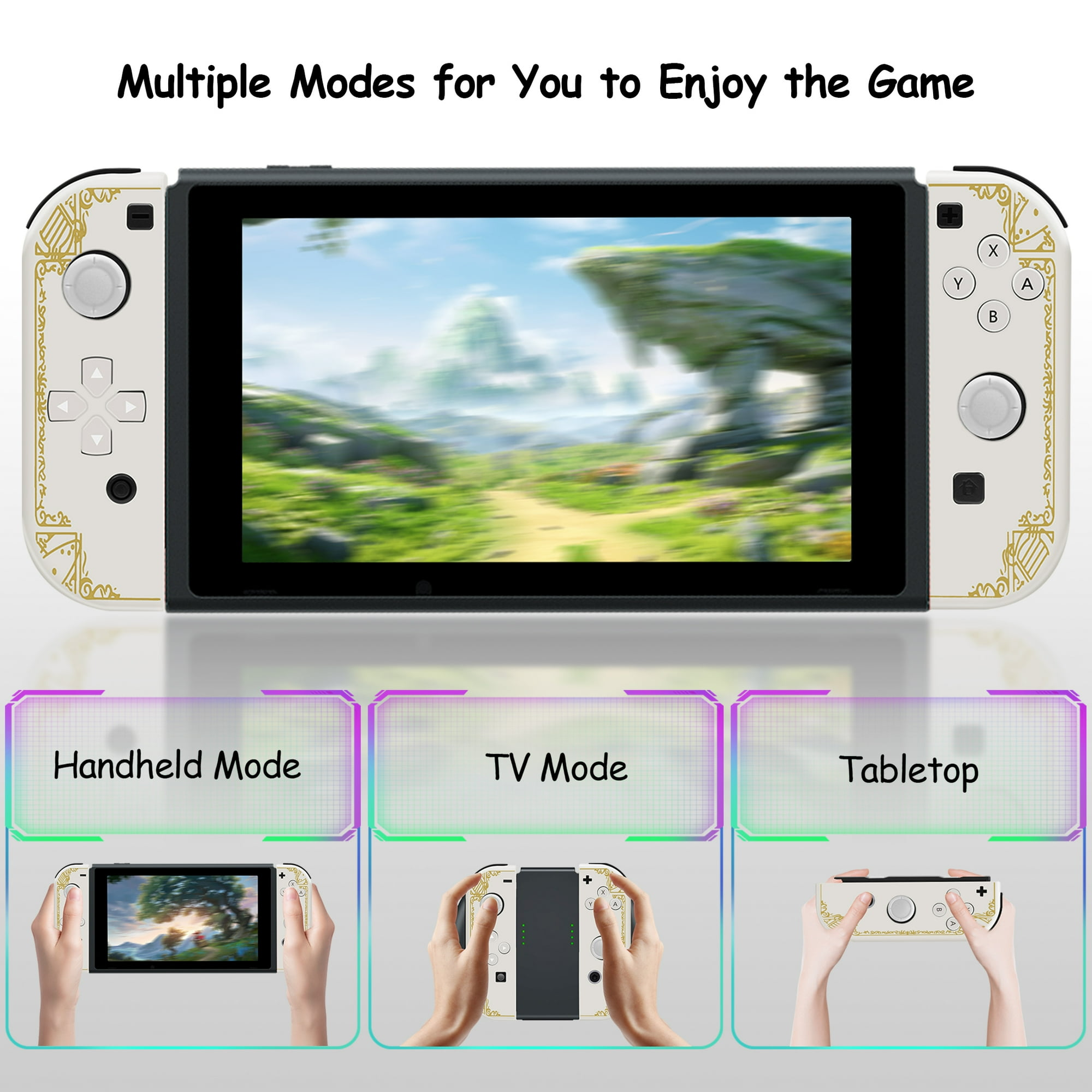 Weiß-goldene Spielkonsole mit Handheld-, TV- und Tischmodus.