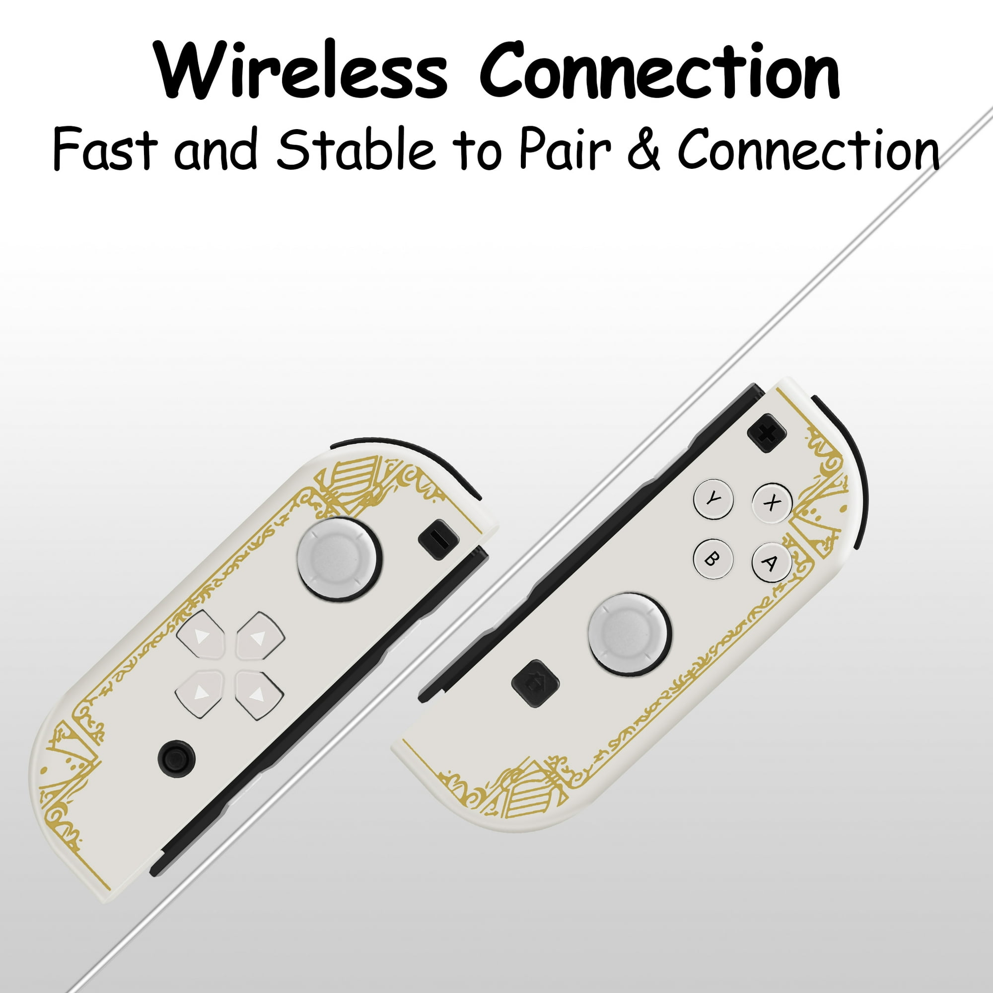 Zwei weiße Controller mit goldenen Mustern und den Text Wireless Connection oben auf weißem Hintergrund.