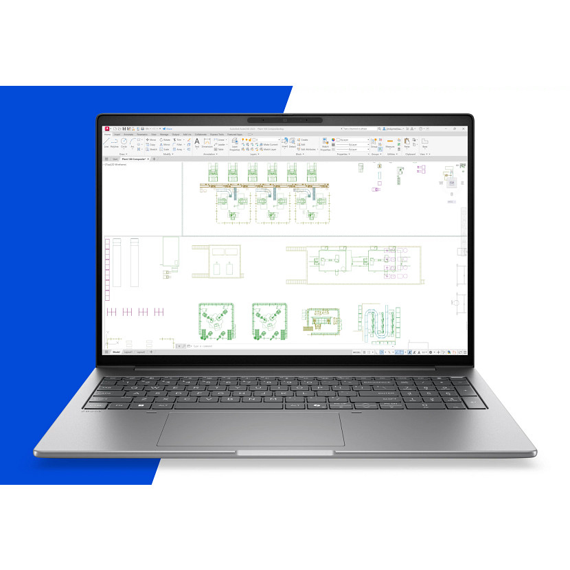 Ein silberner Laptop zeigt eine CAD-Software-Benutzeroberfläche auf dem Bildschirm vor blauem Hintergrund.